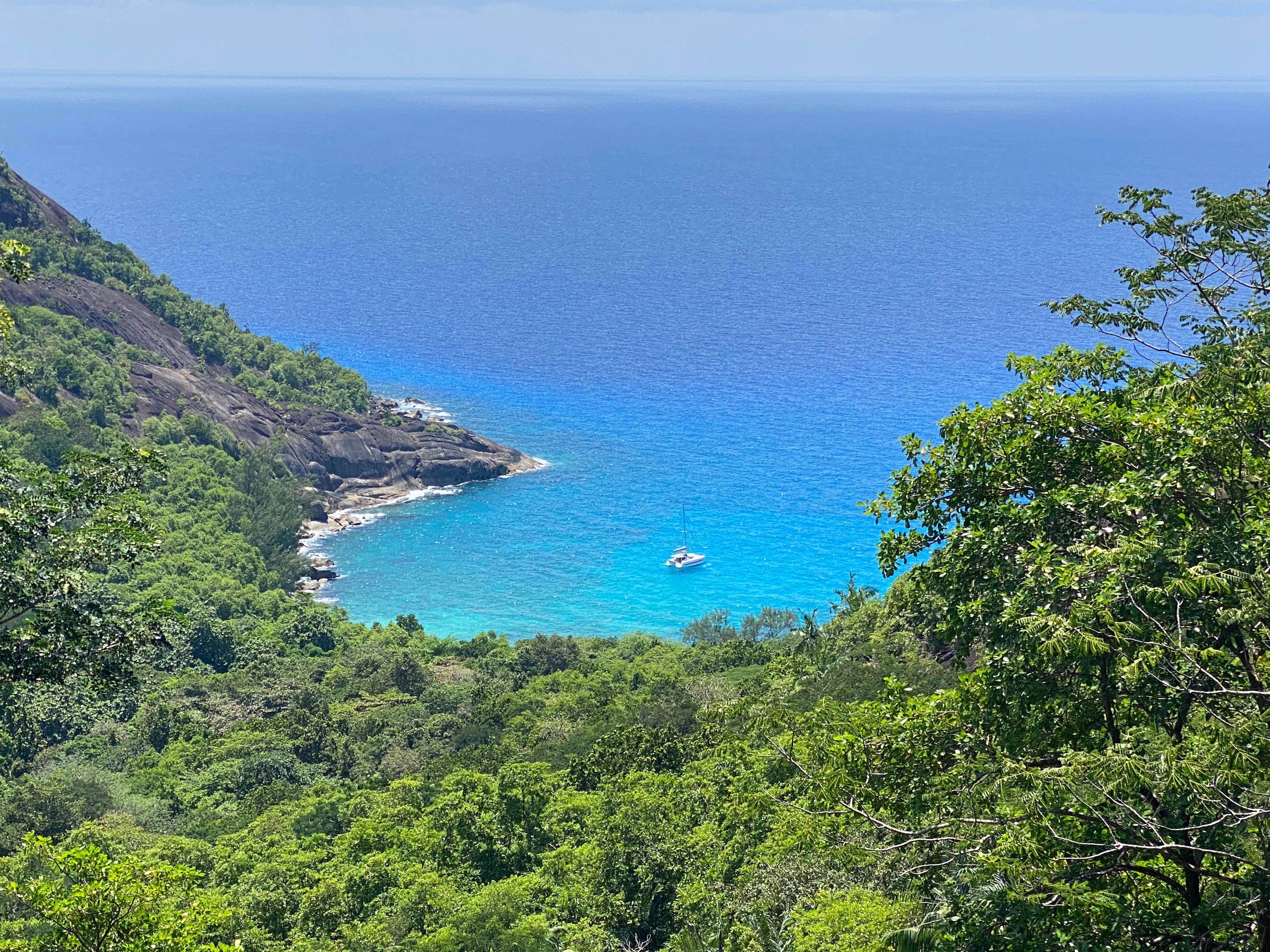 Seychelles 桌布 壁紙 — 一個令人嘆為觀止的熱帶海灣，擁有碧綠的海水和茂密的綠色森林，在清澈的藍天下襯托著一艘孤獨的帆船。