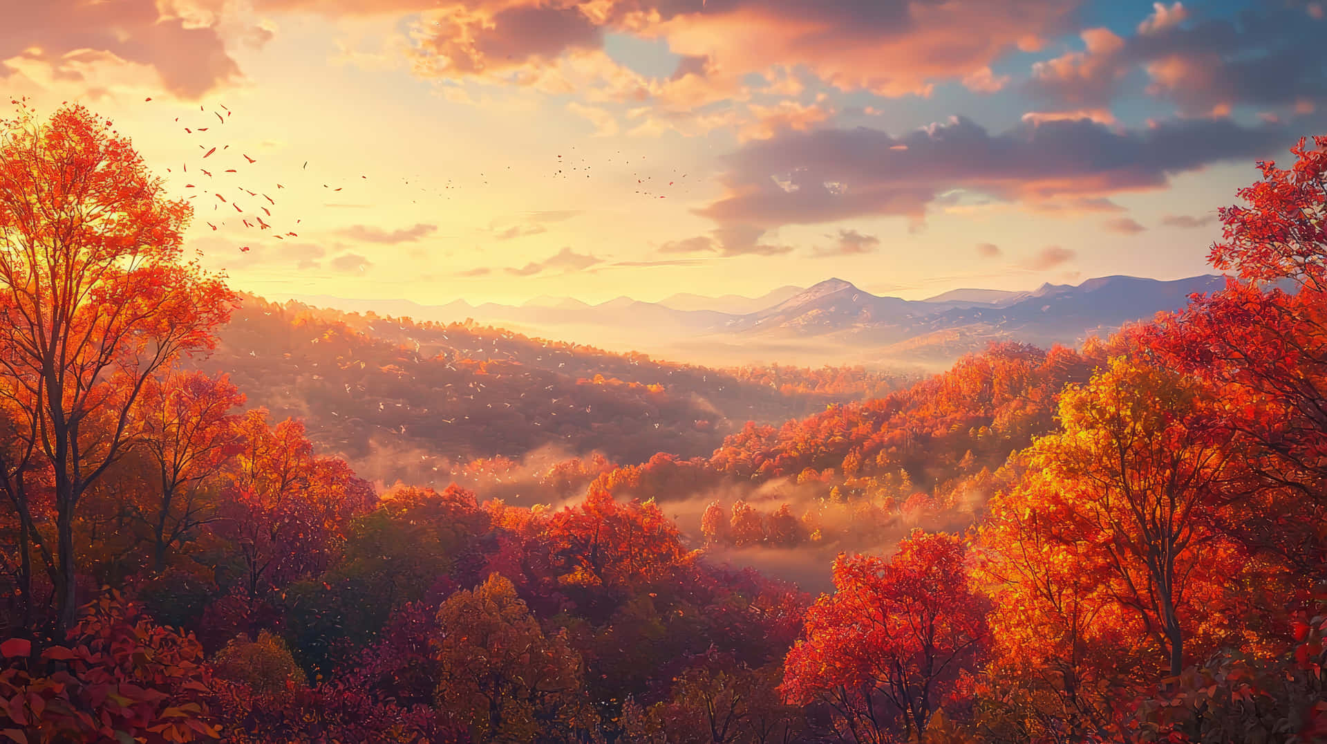 Vibrant autumn landscape with colorful foliage and mountain view 壁紙 — 一個令人嘆為觀止的秋日山谷，沐浴在金色的日出光芒中，火紅橙色的樹木，霧氣在山谷中翻滾，遠處的山脈在柔和的粉紅色和橙色天空下。