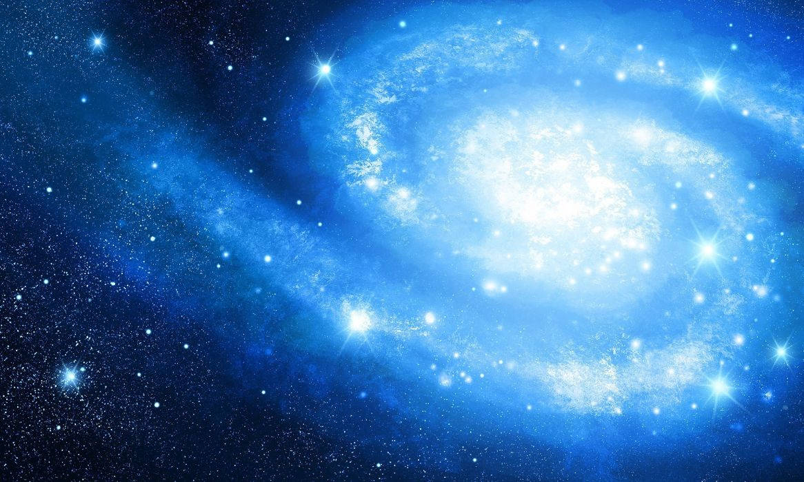 Star Space 桌布 壁紙 — 一個令人嘆為觀止的螺旋星系，以鮮豔的藍色色調發光，閃爍的星星散落在宇宙廣闊中。