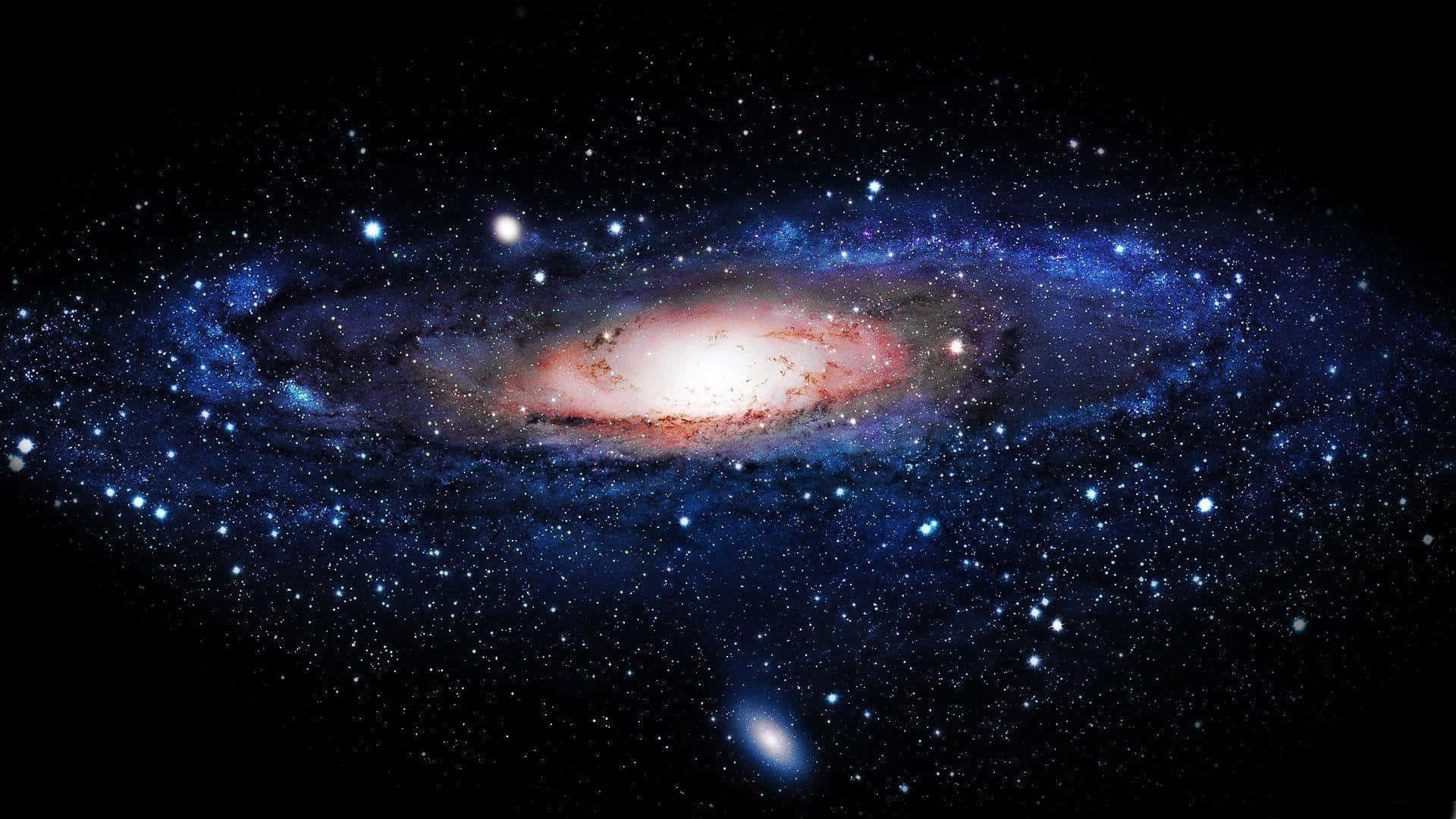 銀河 桌布 壁紙 — 一個令人嘆為觀止的螺旋星系，在佈滿星辰的宇宙虛空中散發出藍色和紅色的光芒。