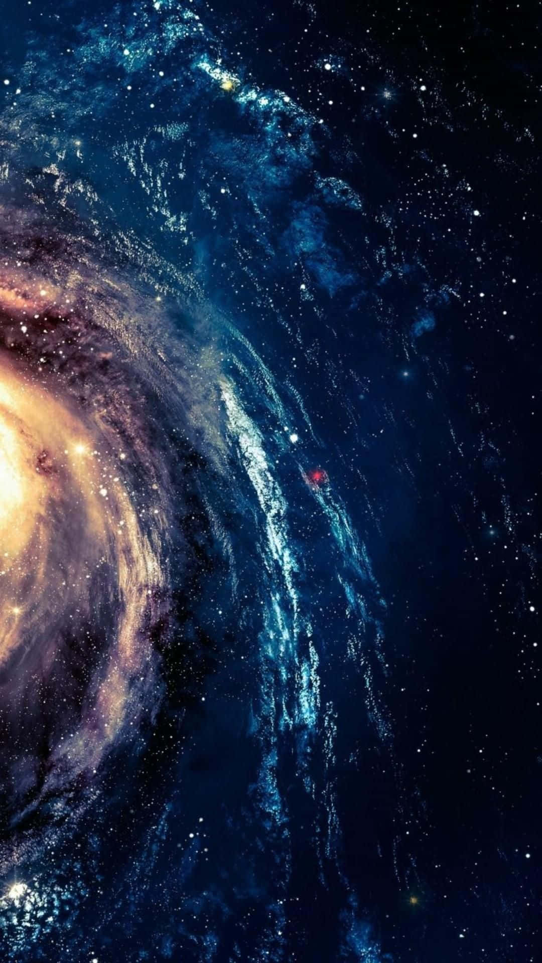銀河 桌布 壁紙 — 一個令人嘆為觀止的螺旋星系，在星空中旋轉著金色和藍色的宇宙塵埃。