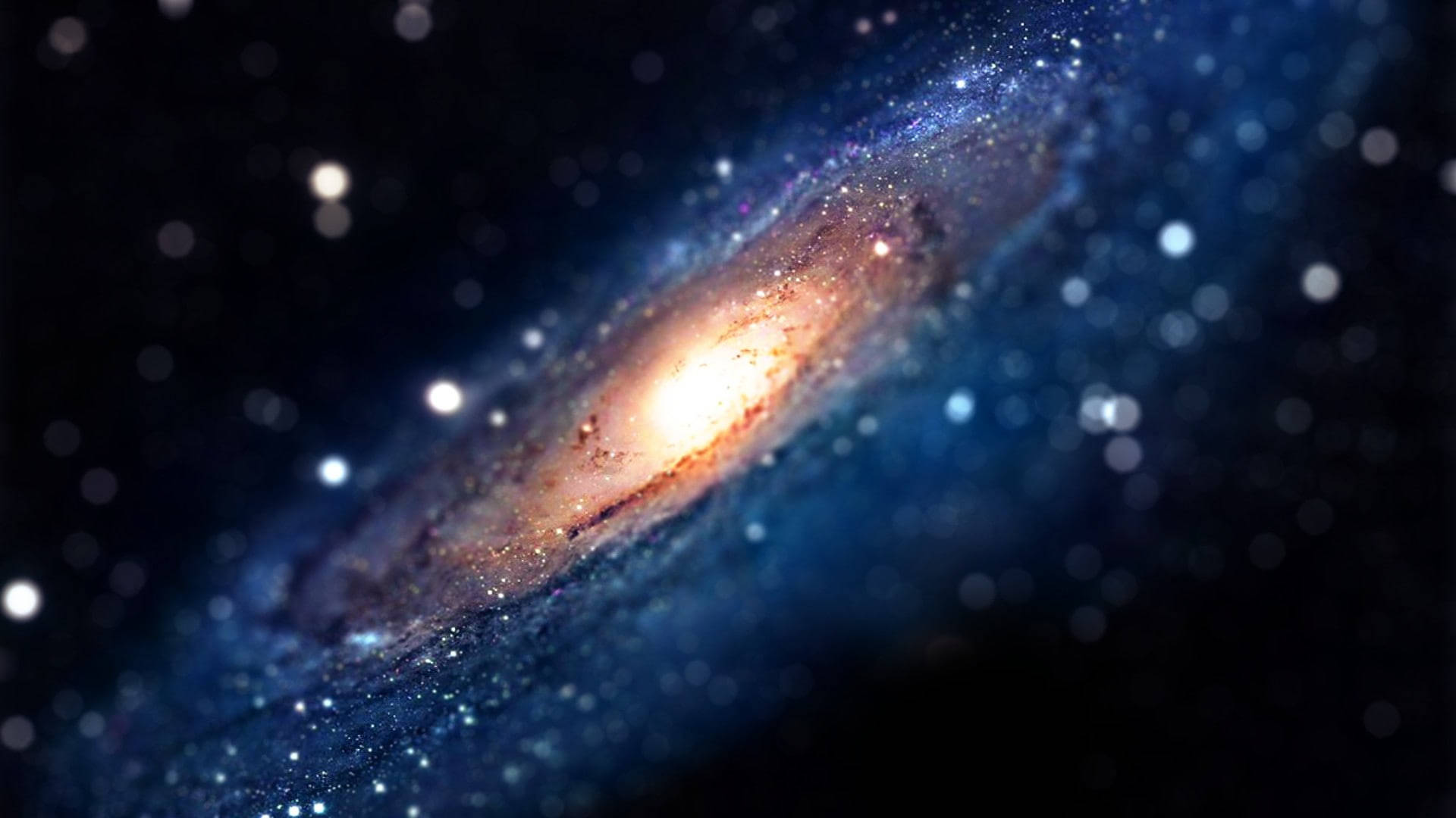 黑色 桌布 壁紙 — 一個令人嘆為觀止的螺旋星系，在星空背景下閃耀著金色核心和藍色星雲。
