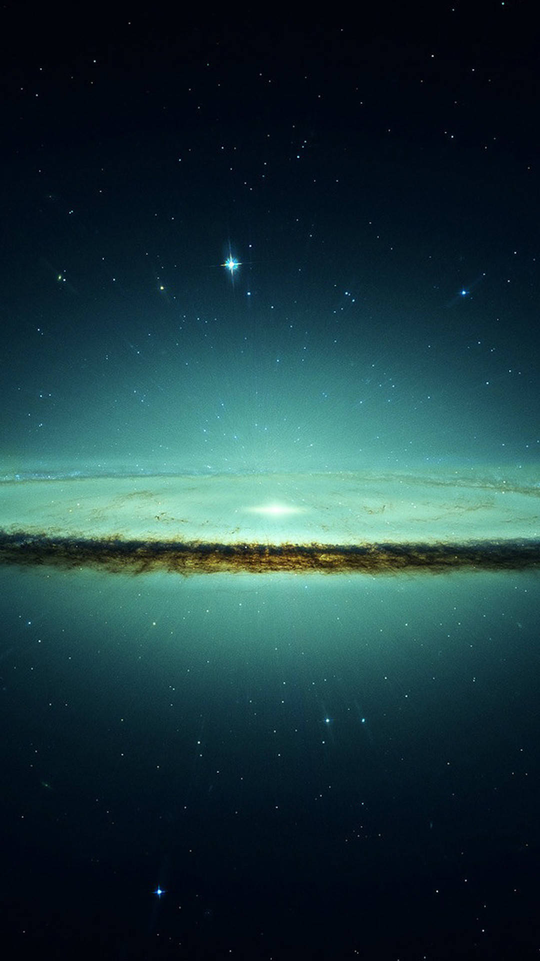 高畫質手機 桌布 壁紙 — 一個令人嘆為觀止的螺旋星系，在星空中閃耀著青綠色和金色的塵埃。
