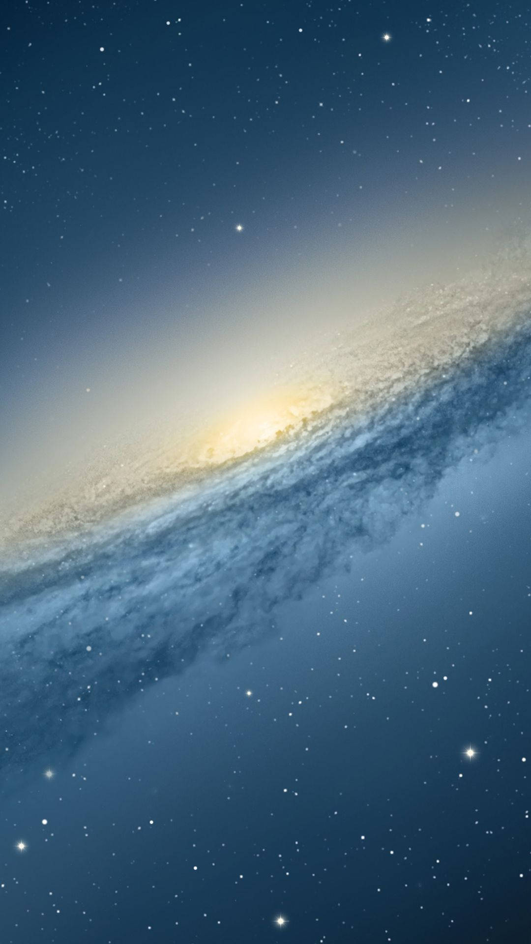三星 桌布 壁紙 — 一個令人嘆為觀止的螺旋星系，在深藍色星場中散發著金色光芒。