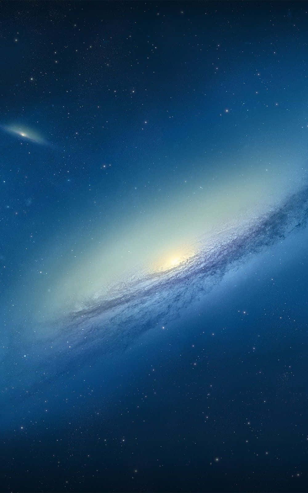 Blue Space 桌布 壁紙 — 一個令人嘆為觀止的螺旋星系，在深藍色星場中閃耀著金色光芒。