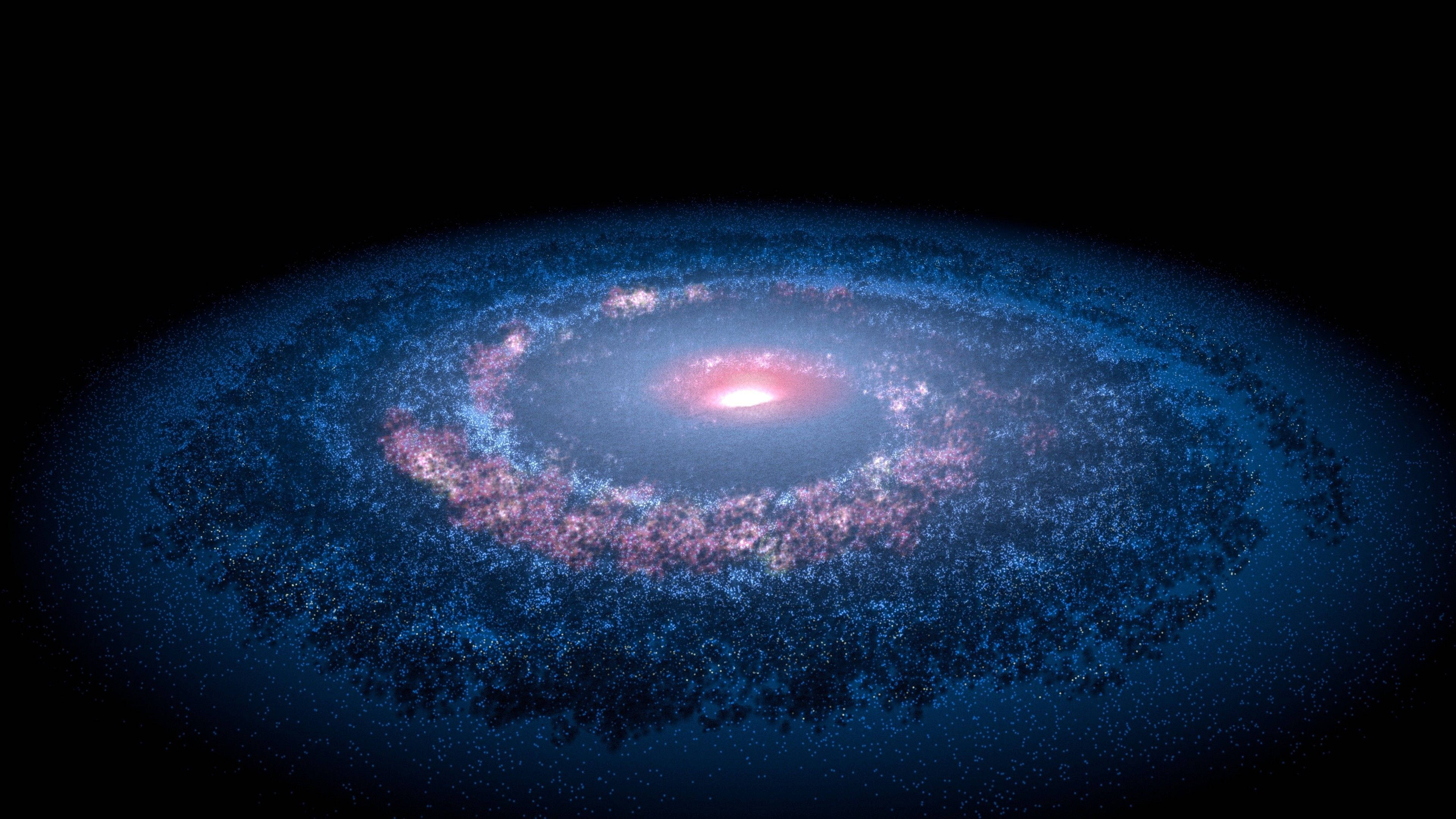 4K 太空 桌布 壁紙 — 一個令人嘆為觀止的螺旋星系，在深邃的黑色宇宙虛空中散發著藍色和粉紅色的光芒。