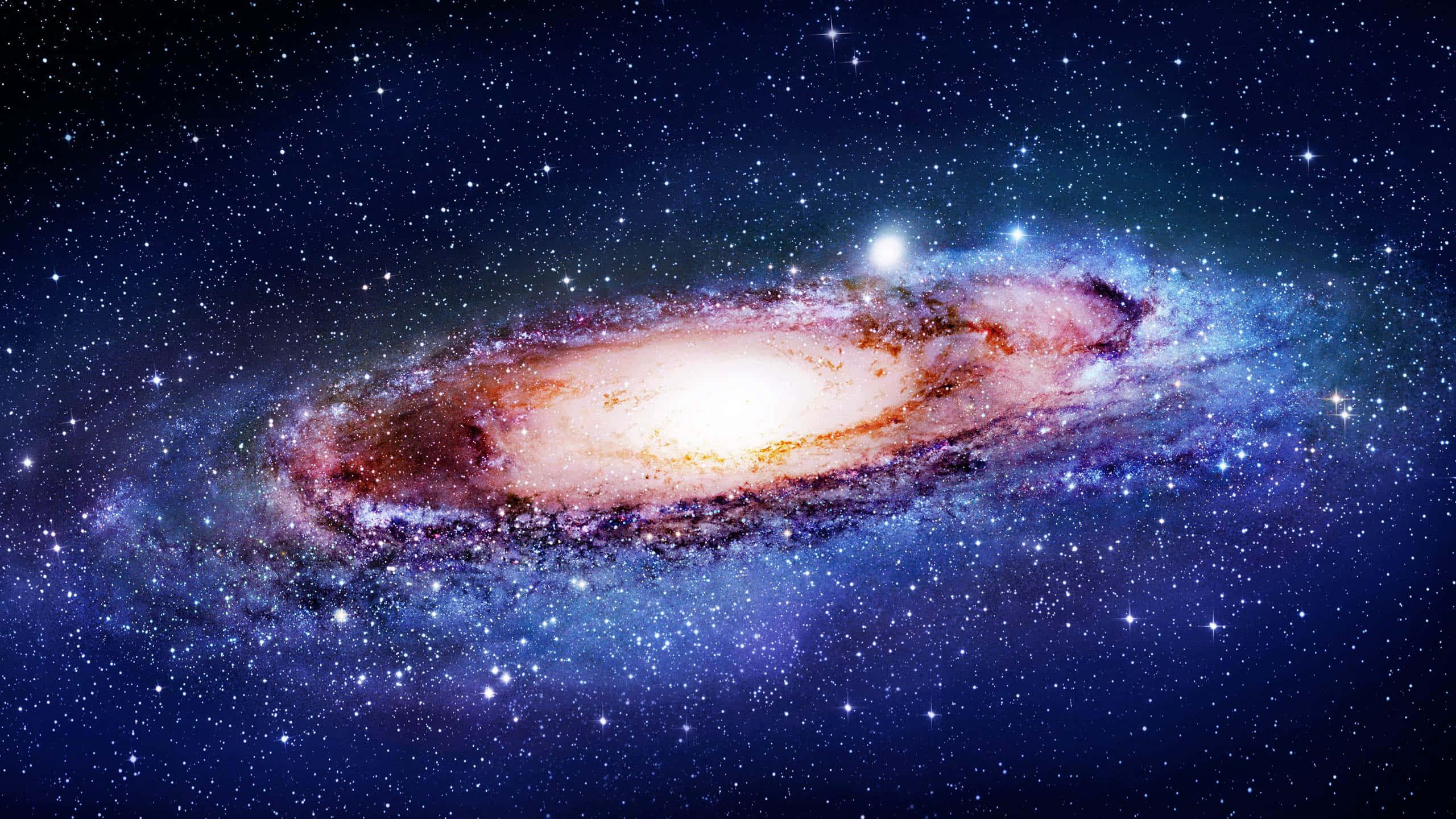 銀河 桌布 壁紙 — 一個令人嘆為觀止的螺旋星系，在繁星點點的宇宙背景下散發出橙色和藍色的光芒。