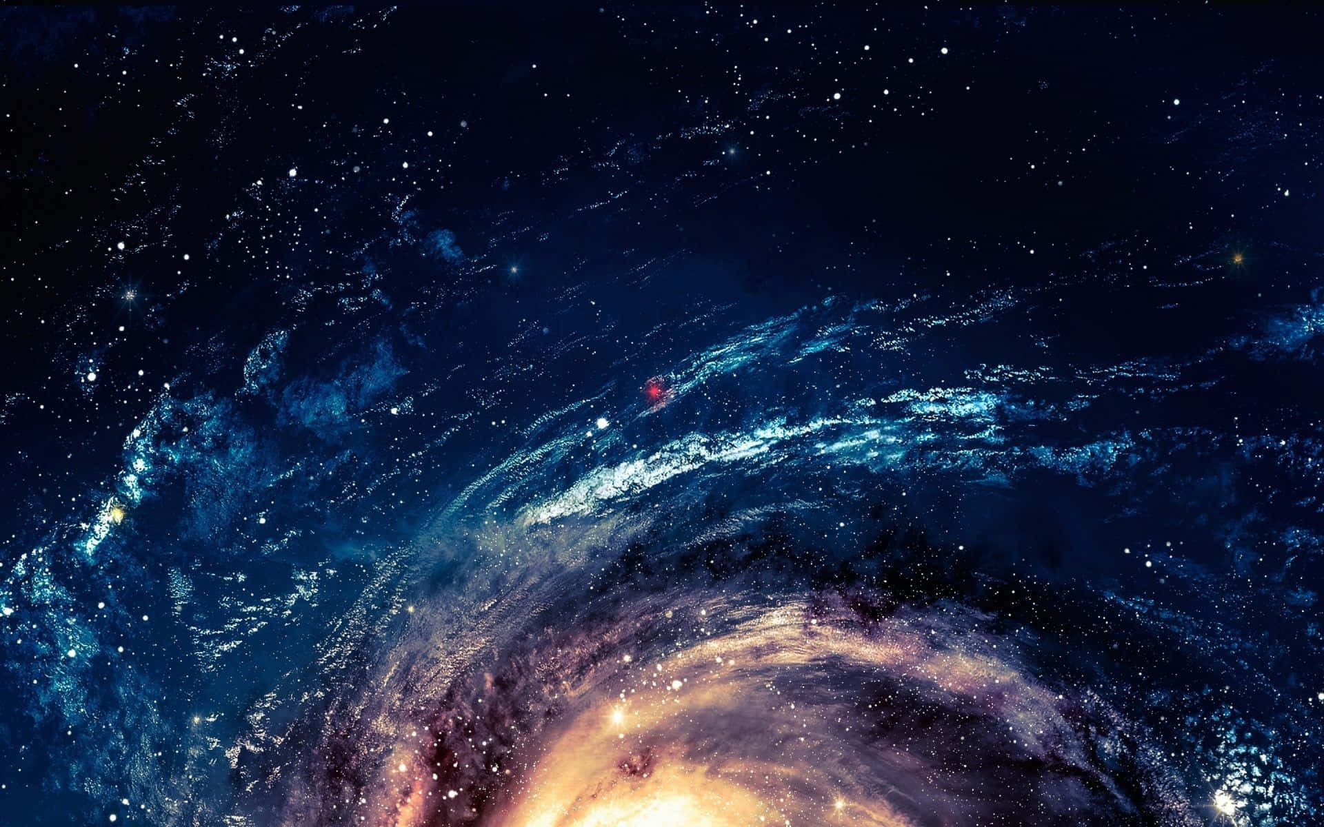 星星動圖 桌布 壁紙 — 一個令人嘆為觀止的螺旋星系，在繁星點點的夜空中旋轉，散發著宇宙藍和火熱橙色的光芒。