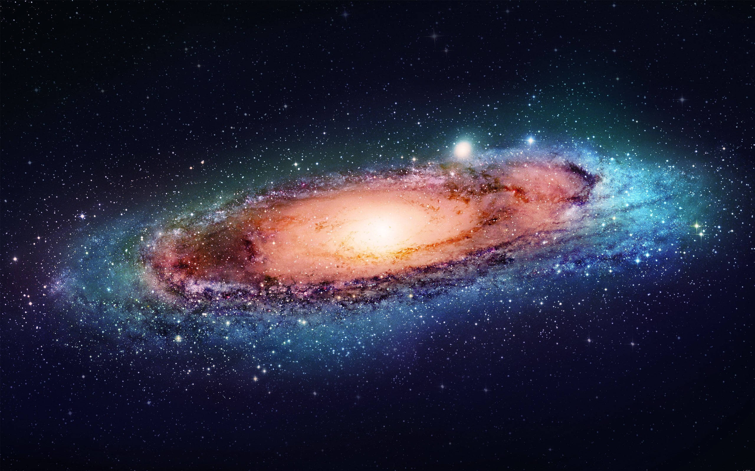 黑色 桌布 壁紙 — 一個令人嘆為觀止的螺旋星系，在繁星點點的宇宙背景下閃耀著橙色和藍色色調。