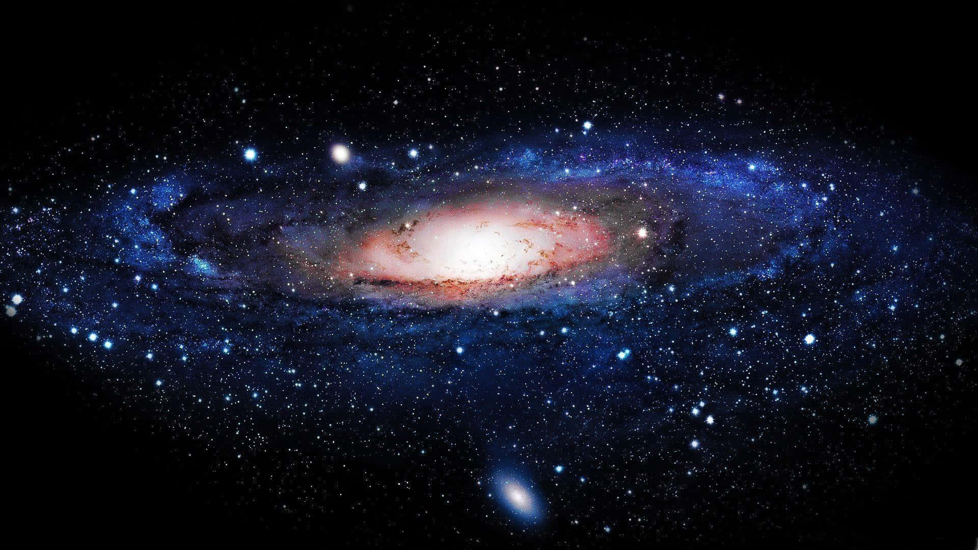 銀河 桌布 壁紙 — 一個令人嘆為觀止的螺旋星系，在繁星點點的宇宙背景下閃耀著藍色和橙色的色調。