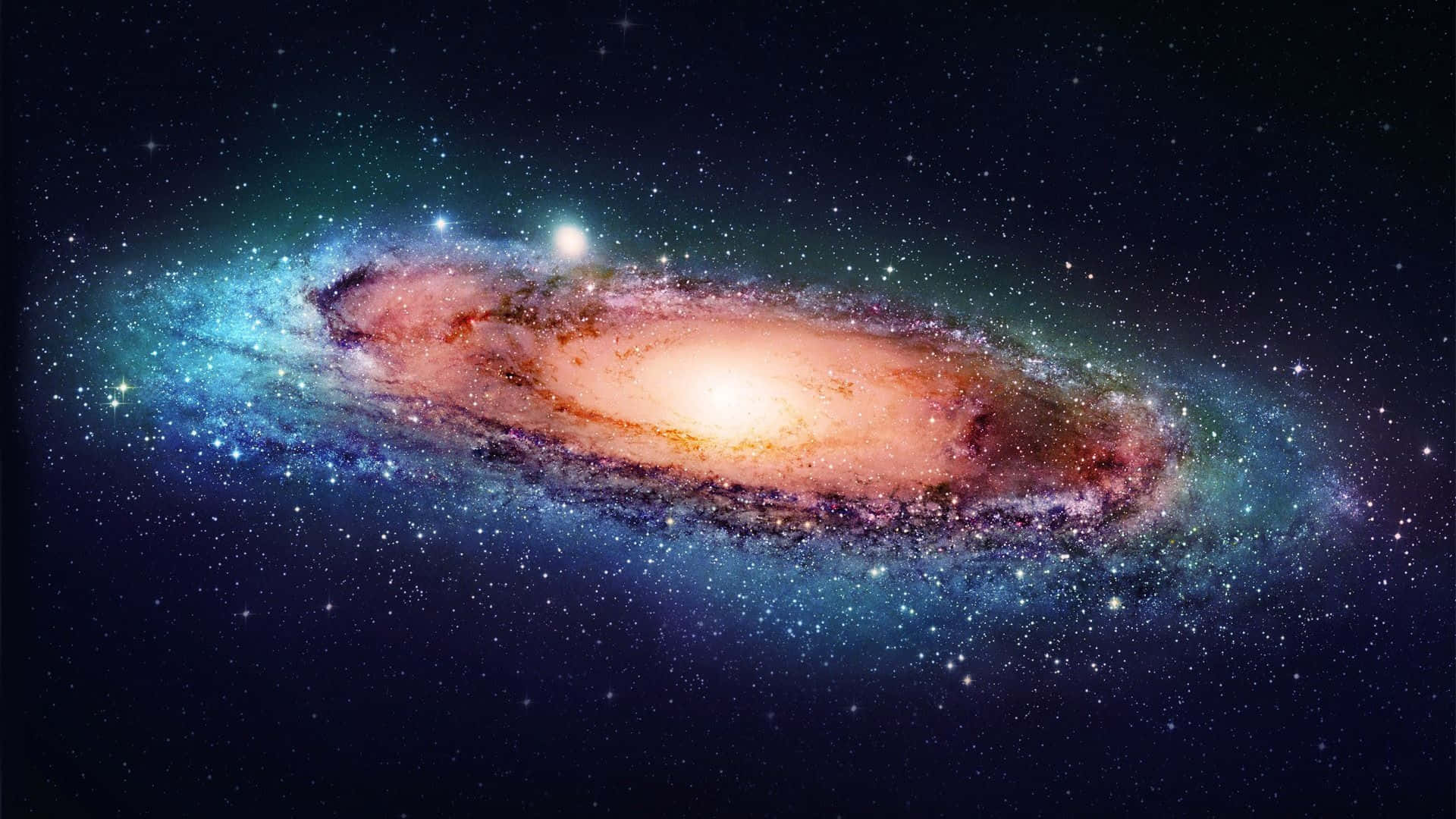 galaxies 桌布 壁紙 — 一個令人嘆為觀止的螺旋星系，在繁星點點的宇宙背景下散發出橙色和藍色的光芒。