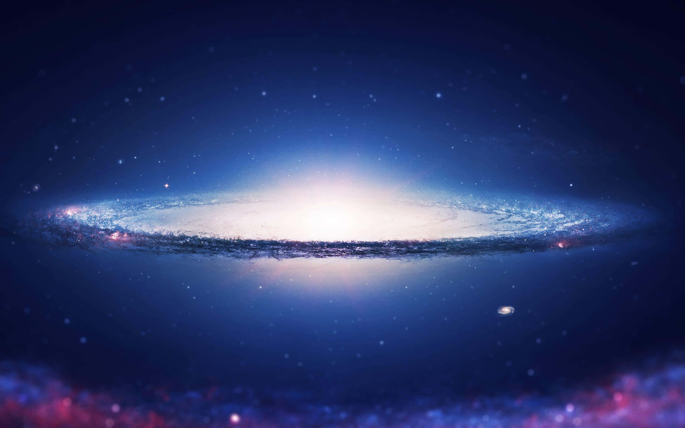 3d Galaxy 桌布 壁紙 — 一個令人嘆為觀止的螺旋星系，在黑暗的宇宙背景下發出藍色和白色的光芒。