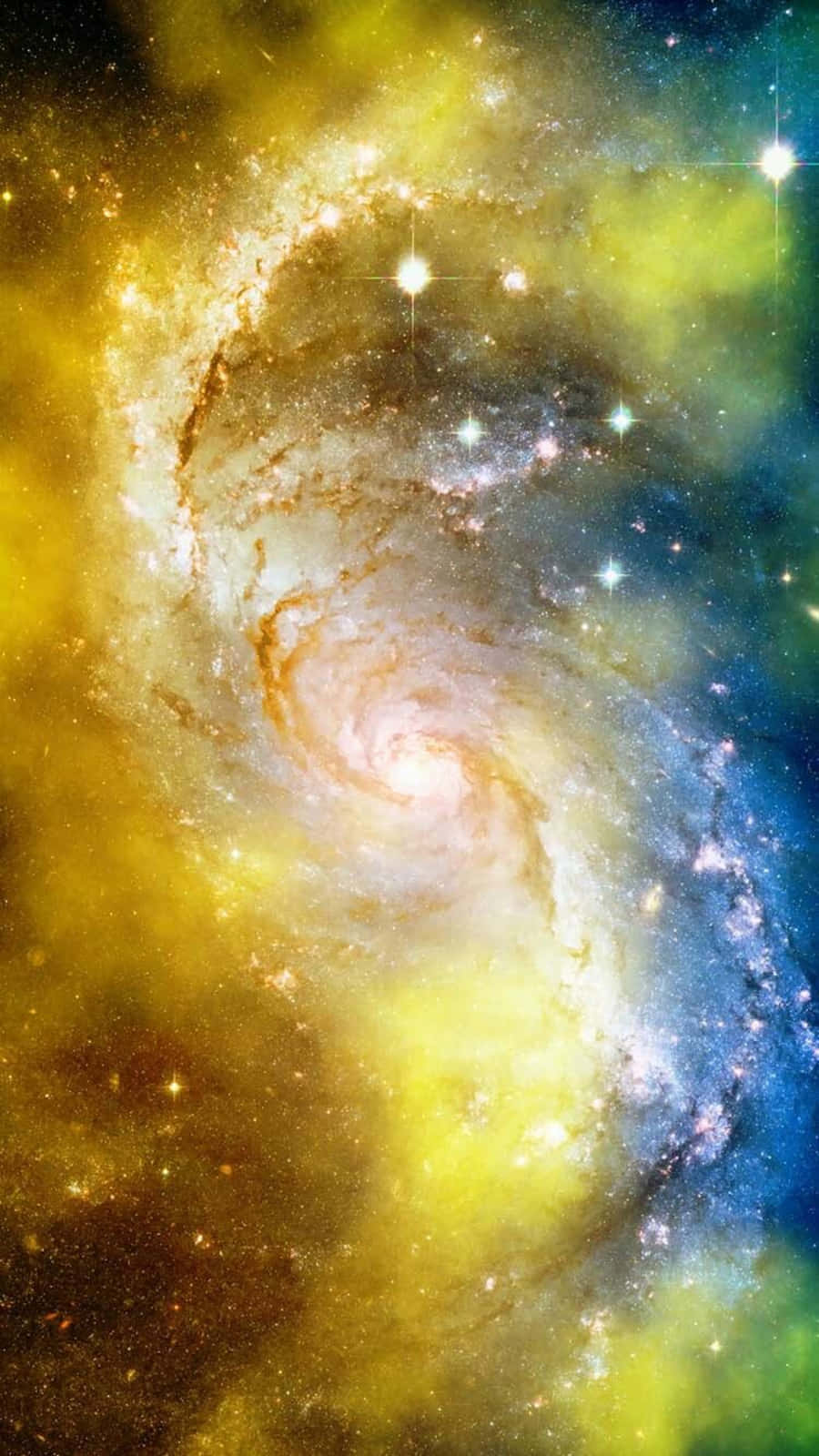 Yellow Galaxy 桌布 壁紙 — 一個令人嘆為觀止的螺旋星系，旋轉著金黃色和深藍色的星雲，點綴著閃爍的星星。