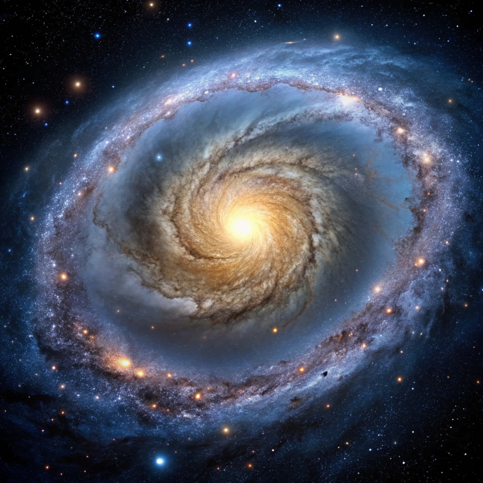 Night view of the galaxy 壁紙 — 一個令人嘆為觀止的螺旋星系，金色核心和旋轉的藍色臂膀上點綴著發光的星星，在宇宙黑暗中閃耀。