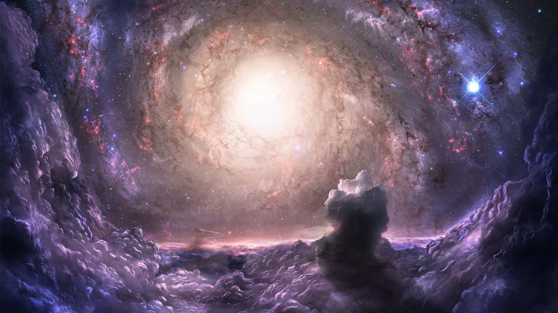 Galaxy Themed Paintings 桌布 壁紙 — 一個令人嘆為觀止的螺旋星系景觀，散發著宇宙光芒，被旋轉的紫色星雲和星團所環繞。