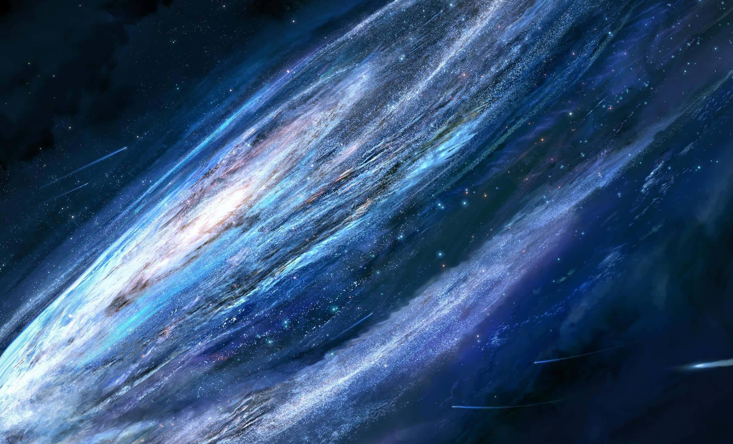 Galaxy Themed Paintings 桌布 壁紙 — 一個令人嘆為觀止的螺旋星系景觀，在深藍色的虛空中旋轉著宇宙塵埃和發光的星星。