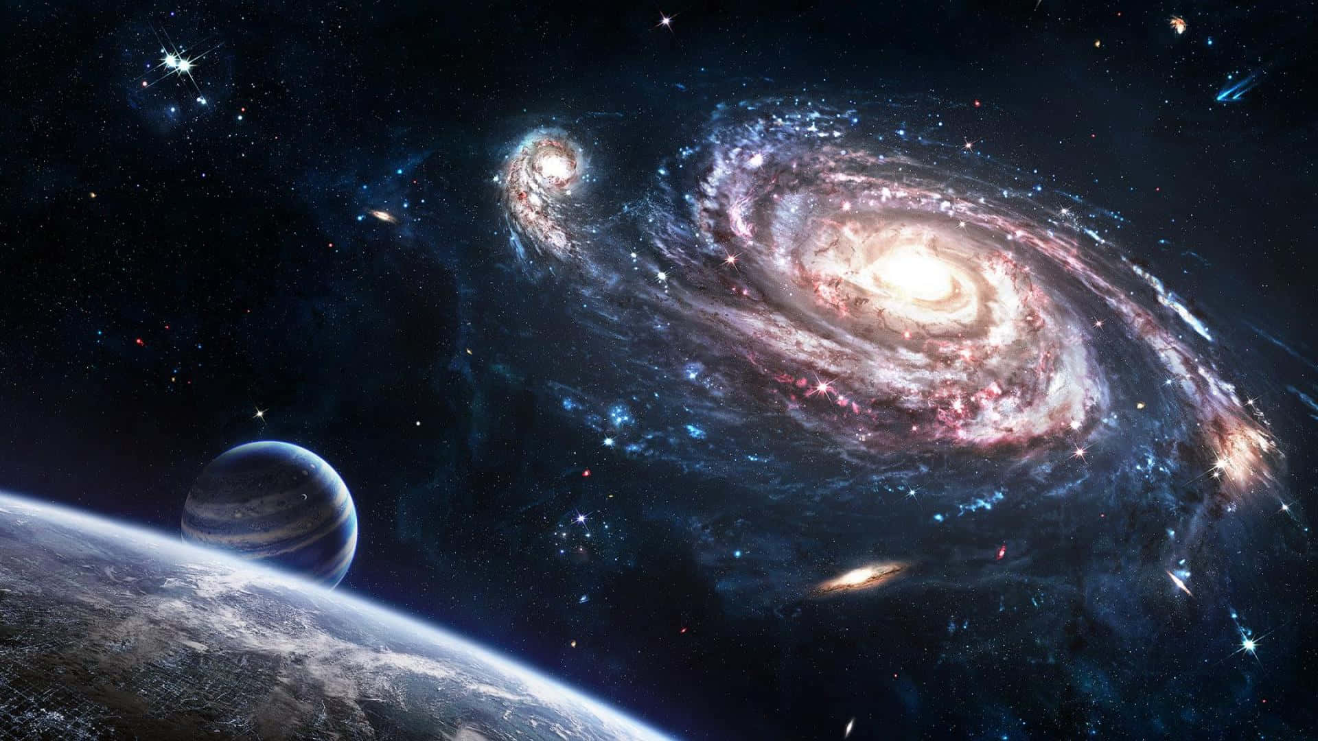 宇宙 桌布 壁紙 — 一個令人嘆為觀止的螺旋星系景觀，散發著粉紅色和藍色的色調，背景是繁星點點的宇宙，前景有一顆行星。