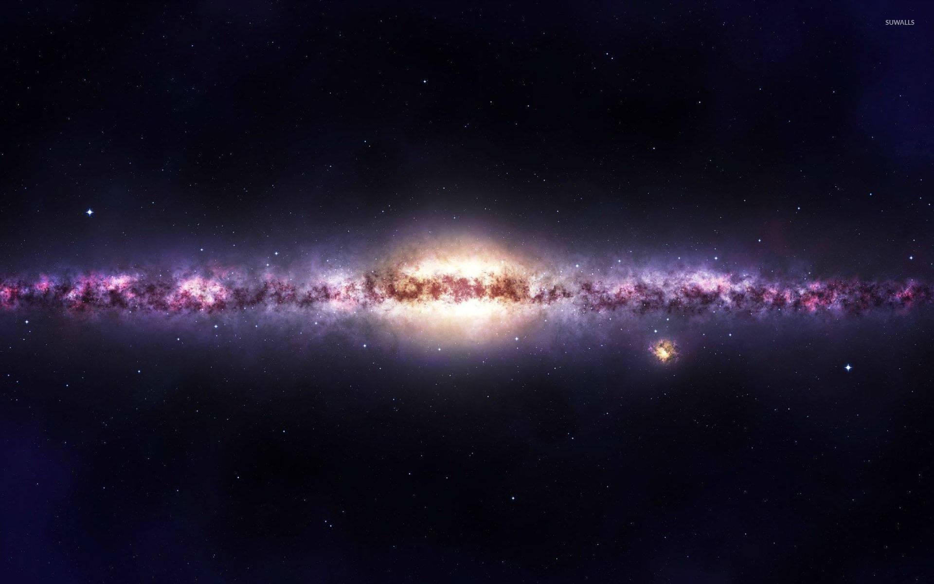 一個發光的螺旋星系，帶有紫色和金色的星雲，襯托著繁星點點的夜空。 — 紫色美學 壁紙