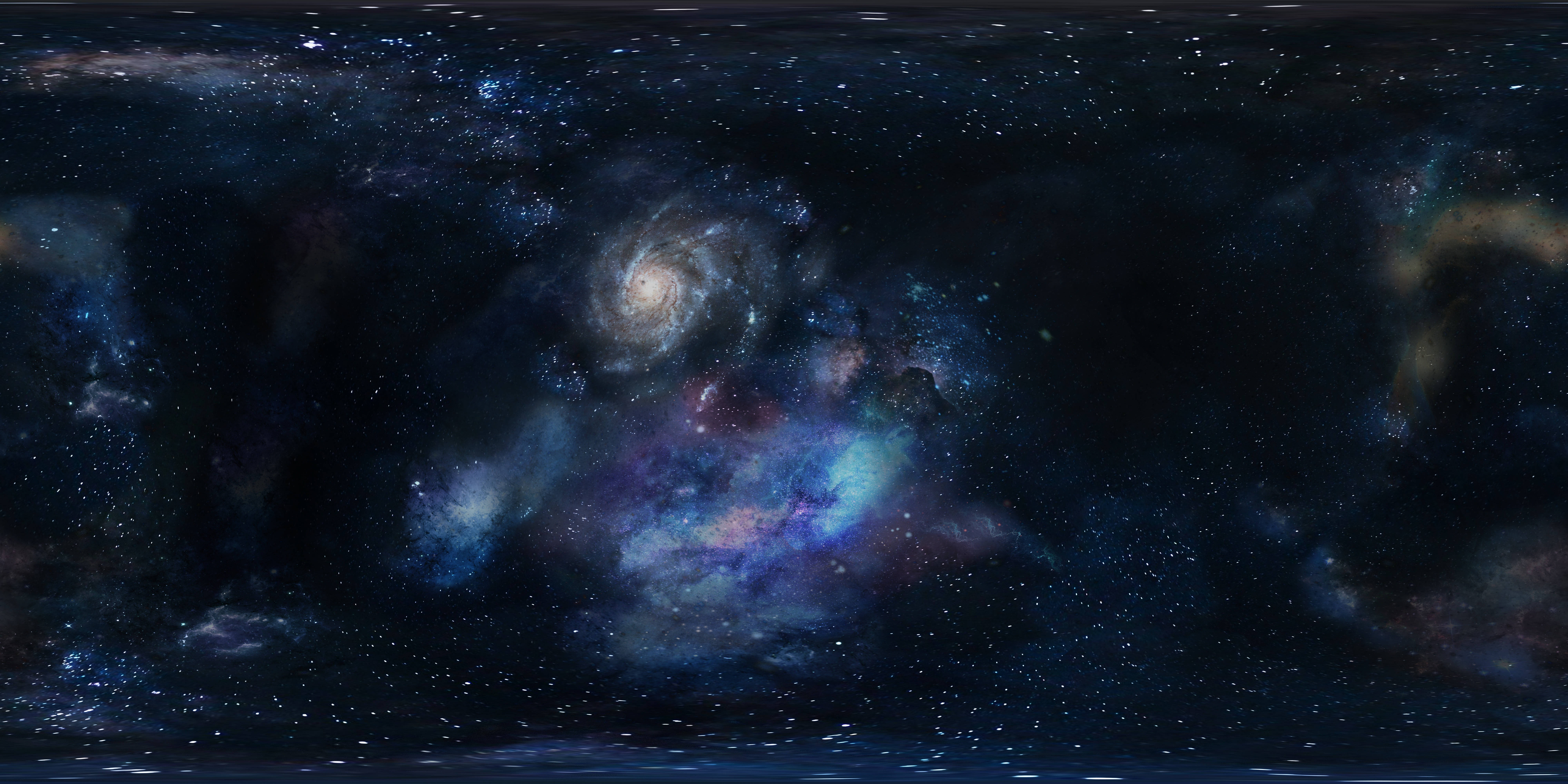 太空 桌布 壁紙 — 一個令人嘆為觀止的螺旋星系景象，在佈滿星辰的宇宙虛空中散發著藍色和紫色的星雲光芒。