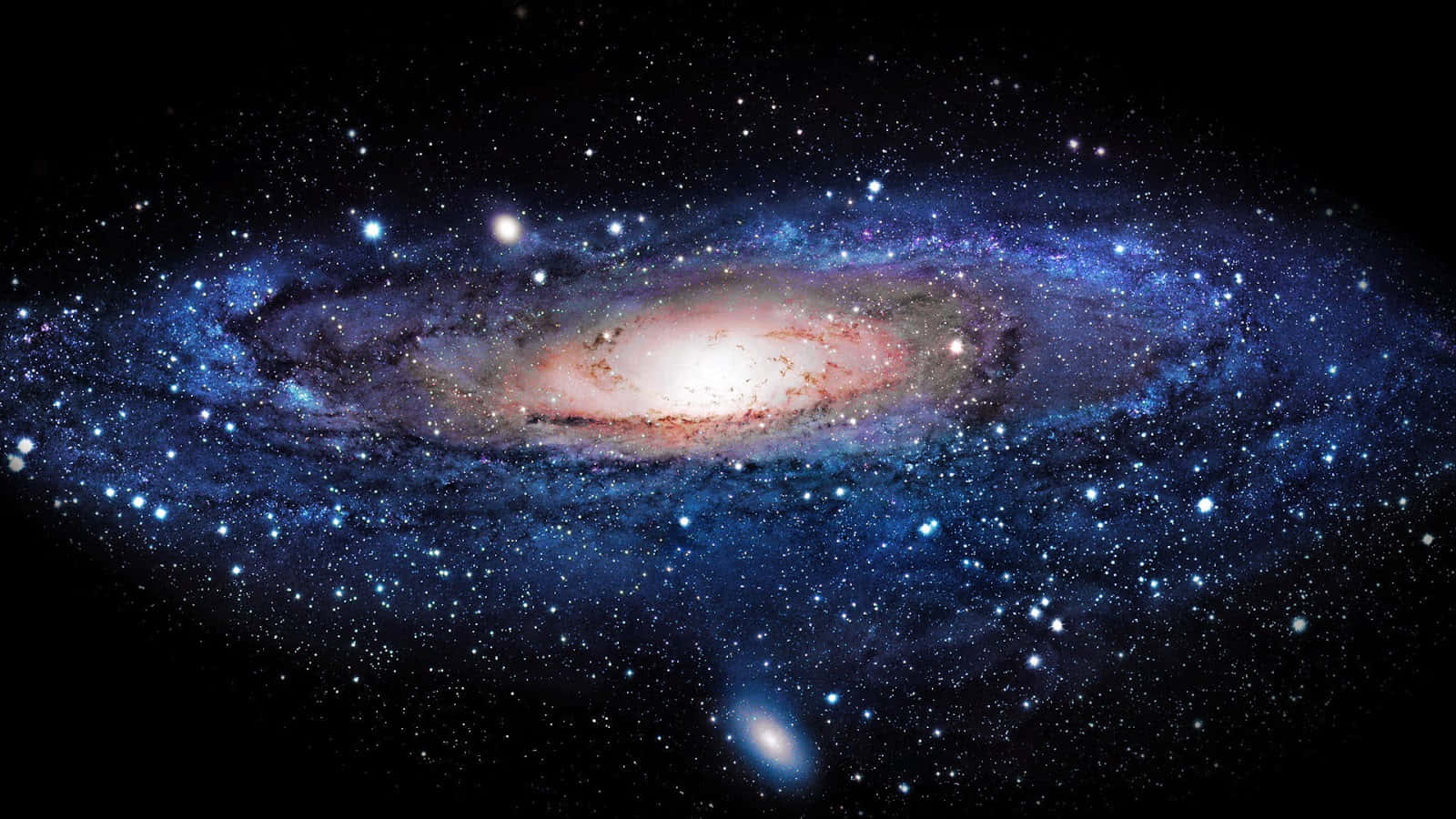 Astrophysics 桌布 壁紙 — 一個令人嘆為觀止的螺旋星系景象，在佈滿星星的黑色虛空中散發著藍色和橙色的光芒。