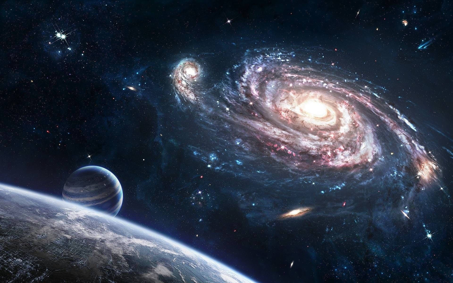 外太空 桌布 壁紙 — 一個令人嘆為觀止的螺旋星系景象，散發著粉紅色和藍色的色調，背景是星空，前景有行星和月球。