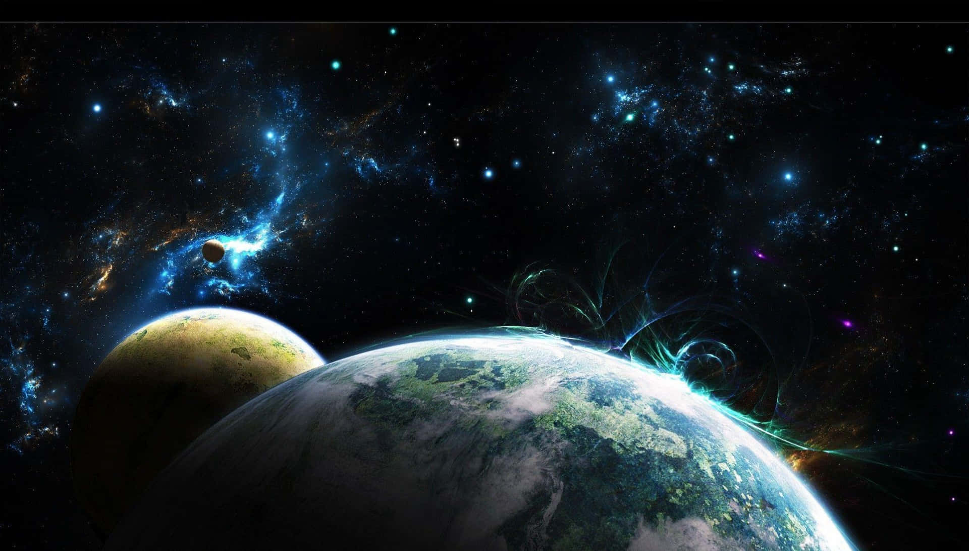 Deep 桌布 壁紙 — 一個令人嘆為觀止的視角，地球和一個鄰近行星在充滿星星和星雲的鮮豔宇宙背景下發光。