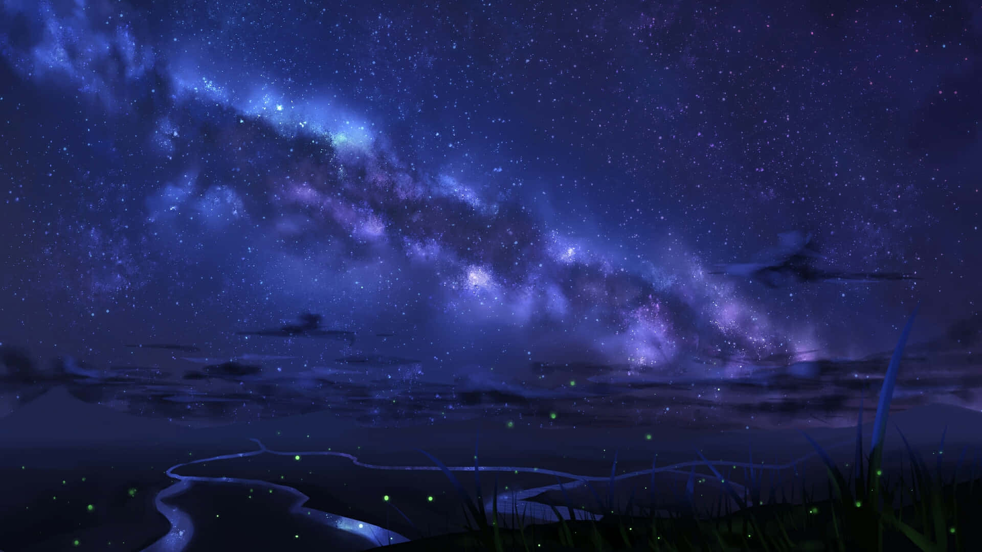 動漫 桌布 壁紙 — 一個令人屏息的夜空，佈滿星星和發光的紫色星系，拱形在黑暗的景觀上，有發光的螢火蟲和剪影雲。