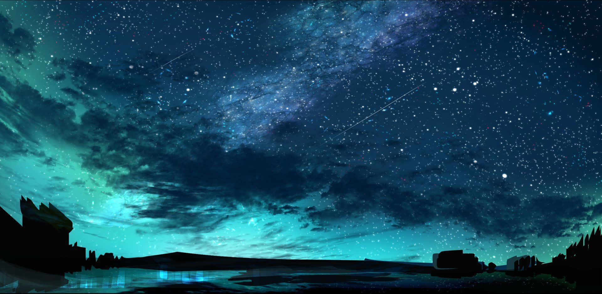 桌布 壁紙 — 一個令人屏息的夜空，佈滿星星和銀河，拱形在剪影景觀之上，伴隨著發光的極光。