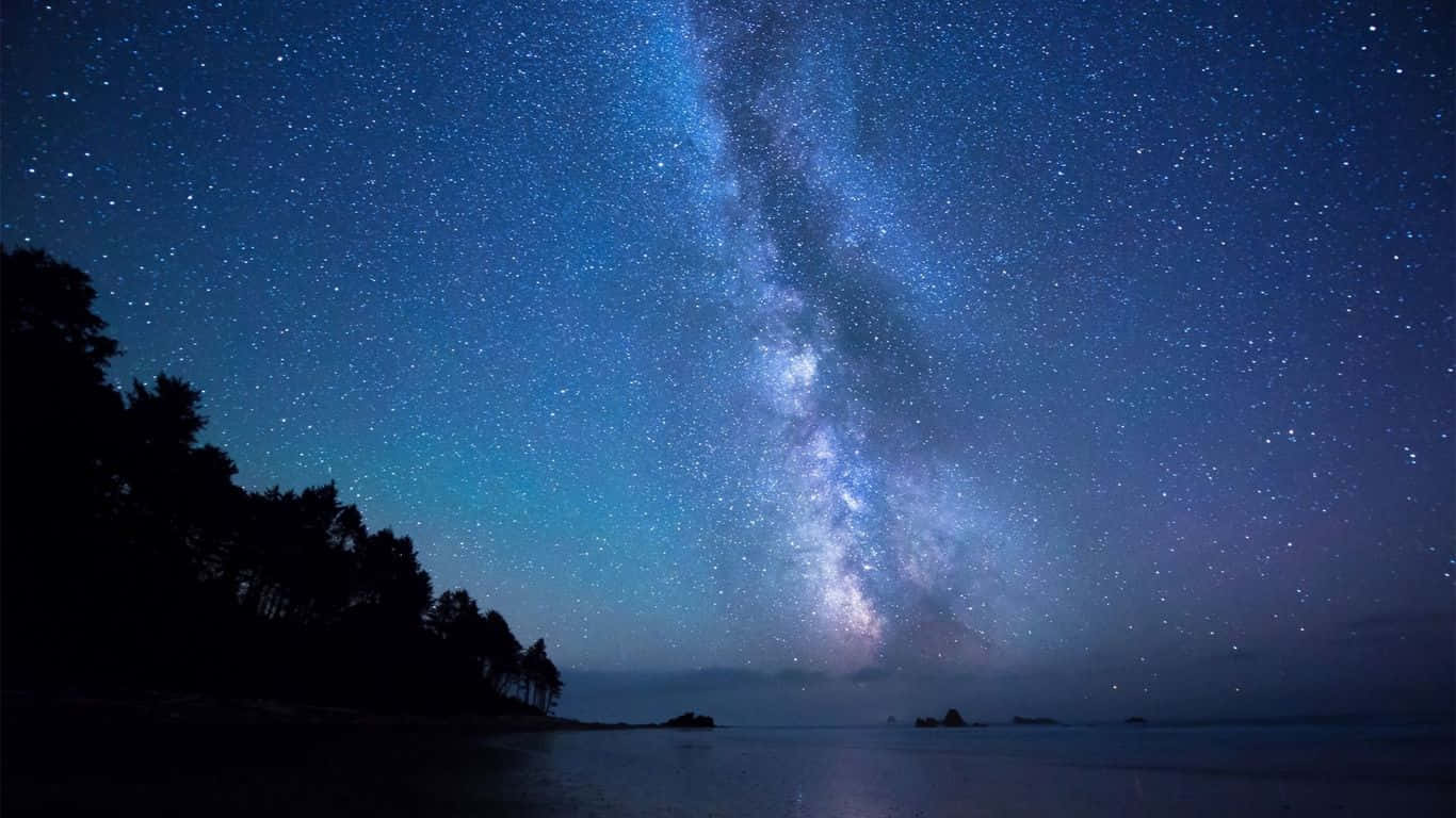 美學 桌布 壁紙 — 一個令人屏息的夜空，充滿無數星星和發光的銀河，在平靜的海洋上空拱起，岸邊有黑暗的樹木剪影。