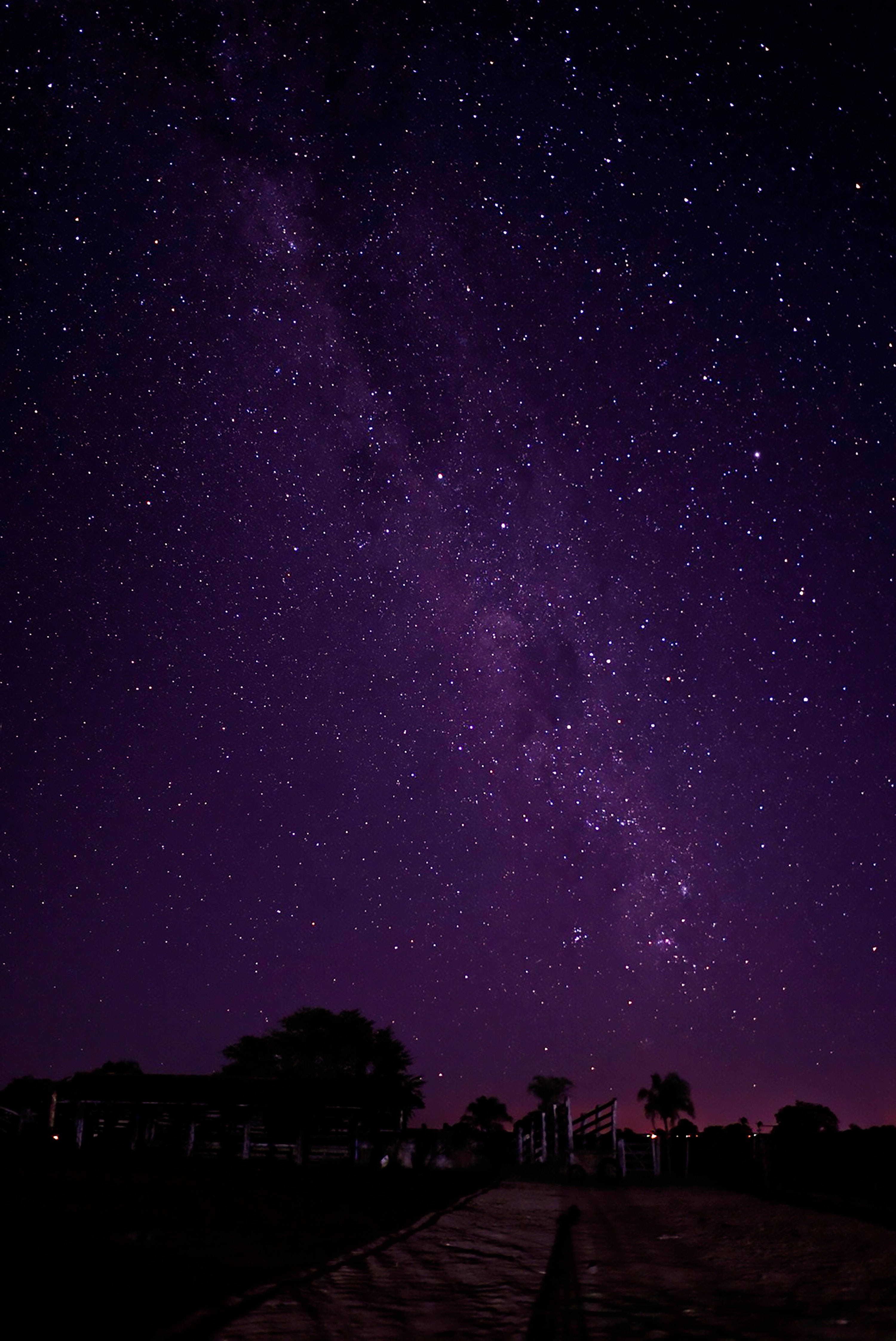 銀河 桌布 壁紙 — 一個令人屏息的夜空，充滿無數星星和一條充滿活力的紫色銀河，拱形橫跨在黑暗的鄉村景觀之上。