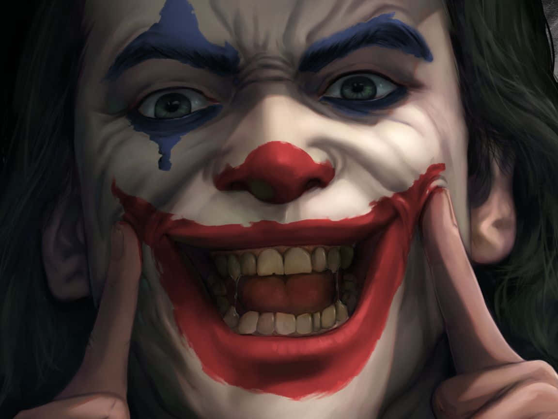 Joker Laughing 桌布 壁紙 — 一個令人恐懼的小丑特寫，藍色化妝品模糊，紅唇，手指拉扯他的笑容。