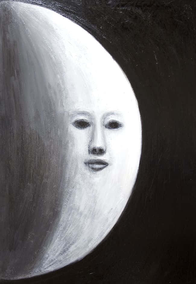 Moon Face 桌布 壁紙 — 一個令人毛骨悚然卻寧靜的彎月，帶有人類面孔，以單色繪製在純黑背景上。
