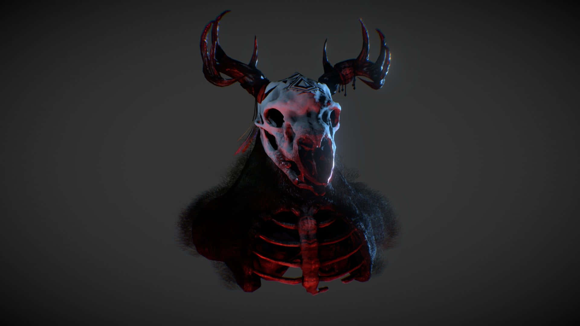 Wendigo 桌布 壁紙 — 一個令人毛骨悚然的3D渲染鹿頭骨，帶有發光的紅色鹿角和肋骨，背景為深灰色。