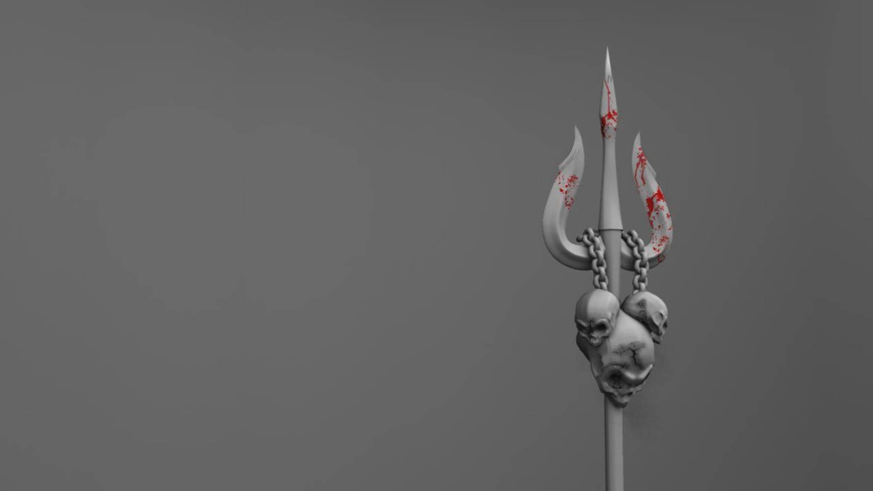 一個帶有頭骨和血跡的三叉戟，背景為灰色，氣勢洶洶。 — 3D 桌面 GIF 壁紙
