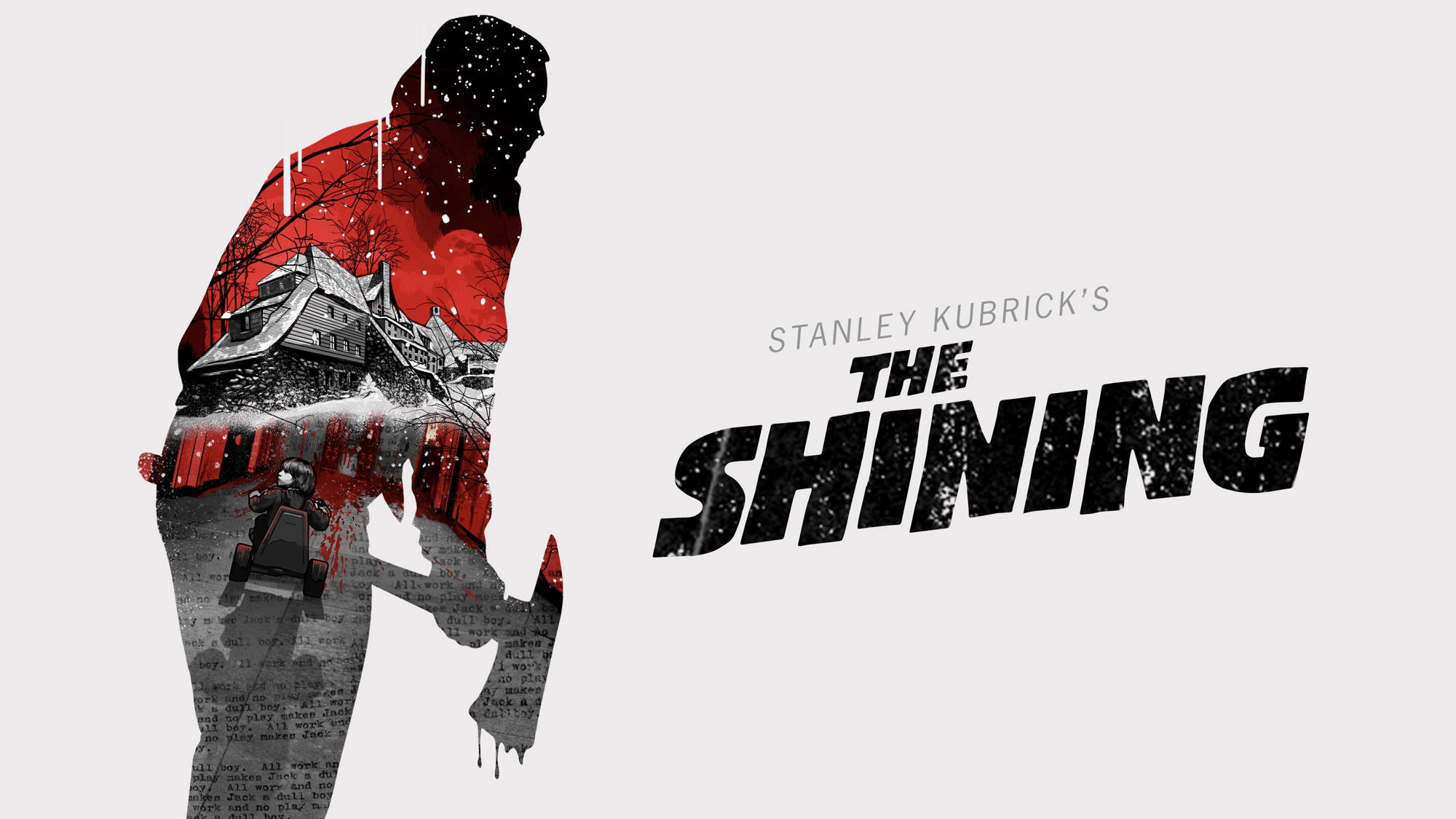 shining 桌布 壁紙 — 一個令人毛骨悚然的剪影，一個男人拿著斧頭，他的形狀內有鬼飯店和雪樹，背景是純白色。