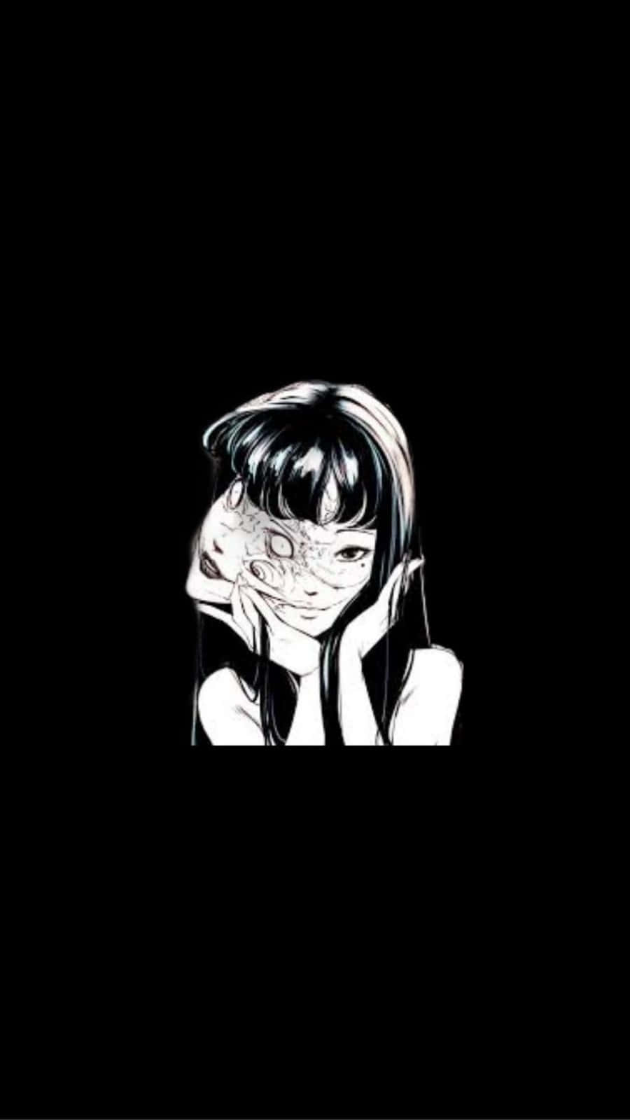 動漫女孩 桌布 壁紙 — 一個令人毛骨悚然的動漫女孩，半張臉被裂開的面具遮蓋，背景是純黑色。