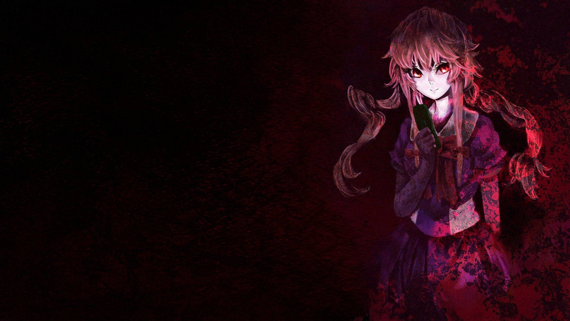 Yuno 桌布 壁紙 — 一個令人毛骨悚然的動漫女孩，擁有發光的紅眼睛和辮子頭髮，在深紅色的背景上拿著一個綠色物體。