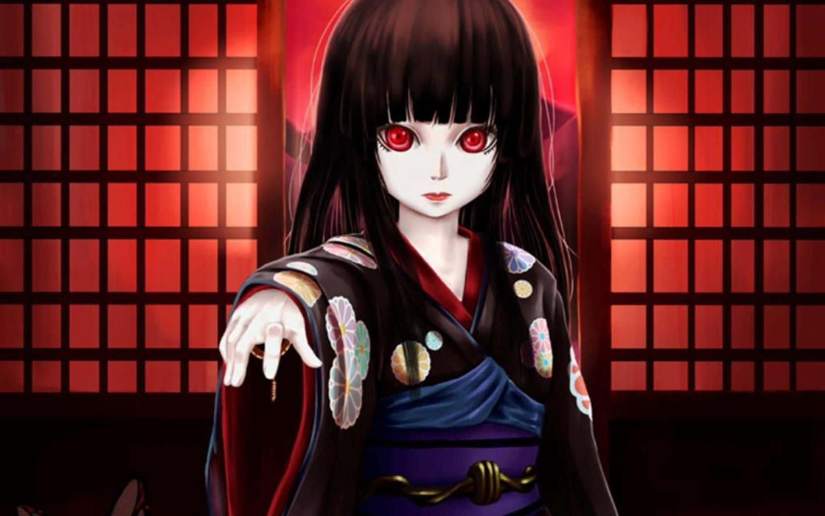 Cartoon Horror 桌布 壁紙 — 一個令人毛骨悚然的動漫女孩，有著發光的紅眼睛和長長的黑髮，穿著傳統和服，背景是發光的紅色障子屏風。