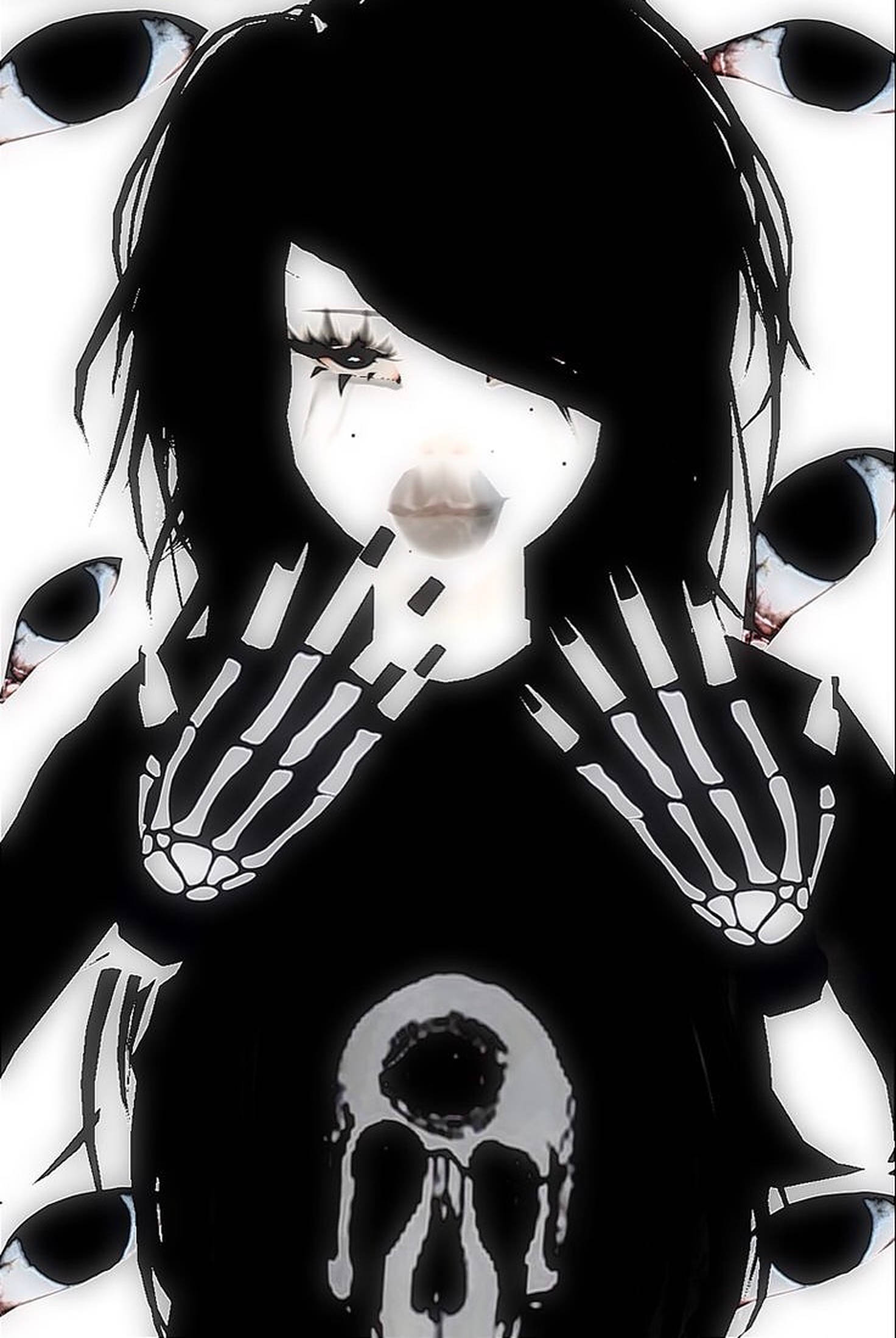 emo 頭像 桌布 壁紙 — 一個令人毛骨悚然的動漫女孩，用骷髏般的手遮住嘴巴，漂浮的眼睛圍繞著她，呈現出鮮明的黑白風格。