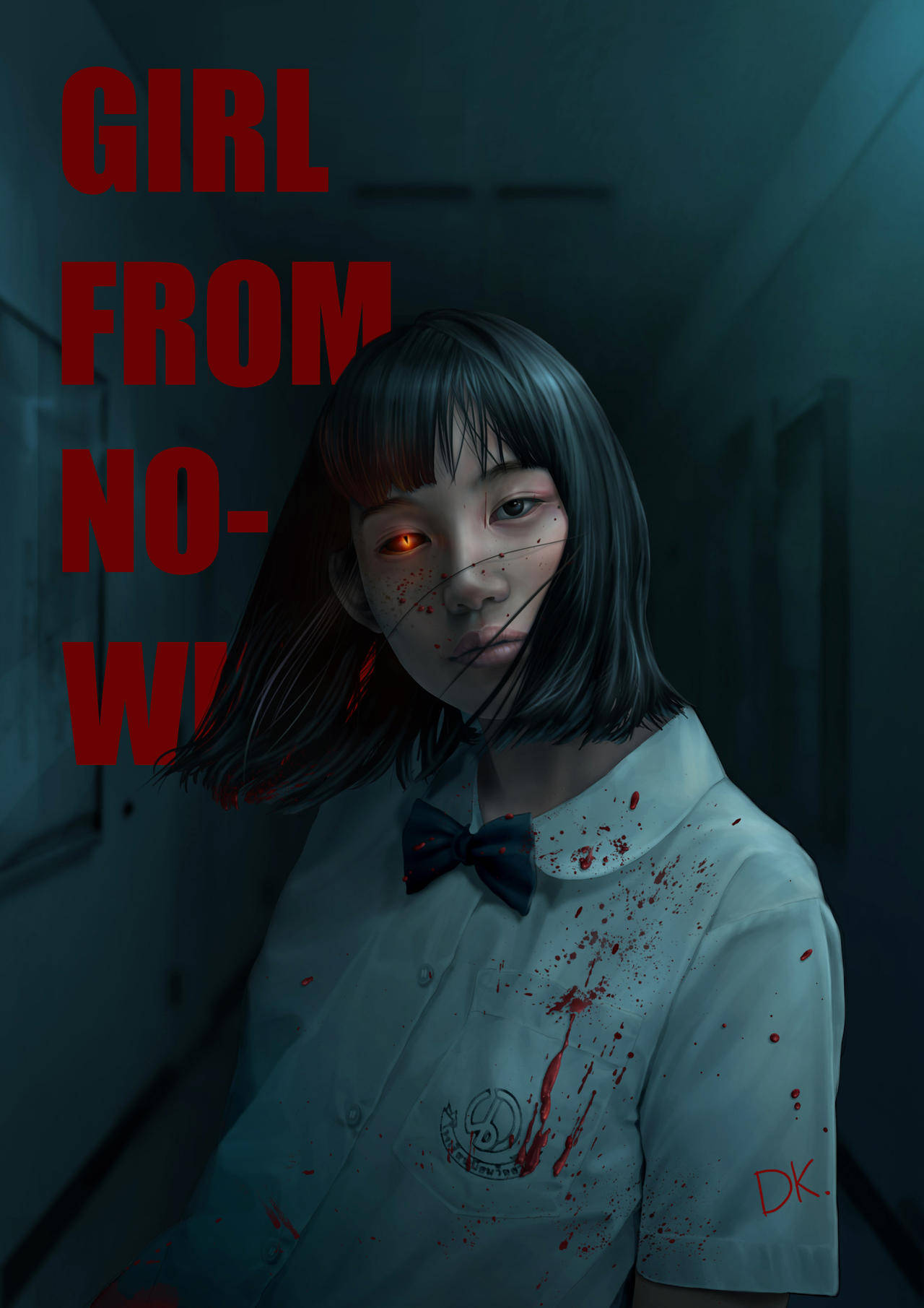 高清 桌布 壁紙 — 一個令人毛骨悚然的動漫女孩，眼睛發出紅光，校服上濺滿鮮血，站在昏暗的走廊裡。