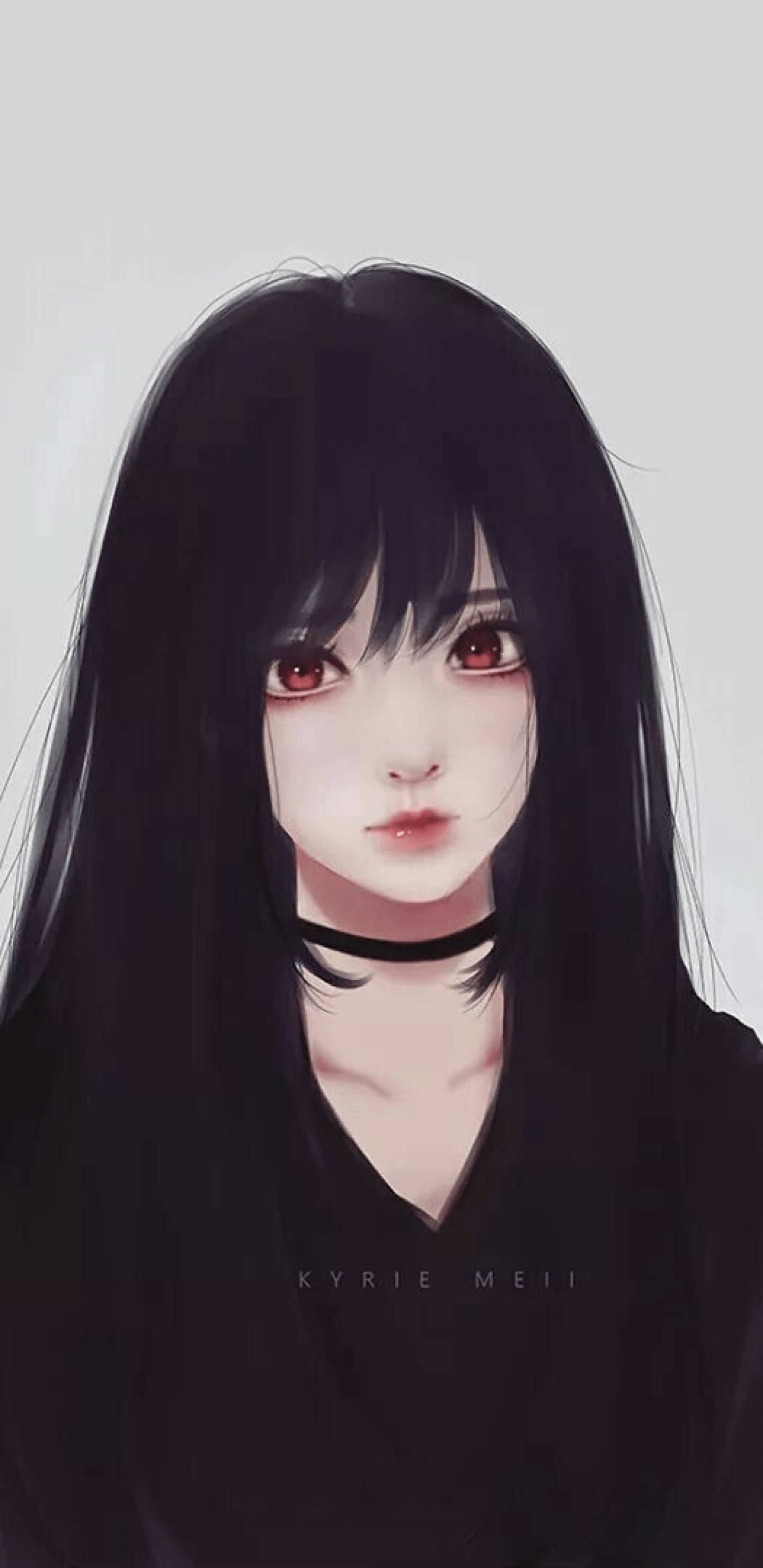 動漫女孩 桌布 壁紙 — 一個令人毛骨悚然的動漫女孩，長長的黑髮和紅色的眼睛，戴著頸鍊，在純灰色背景前直視。