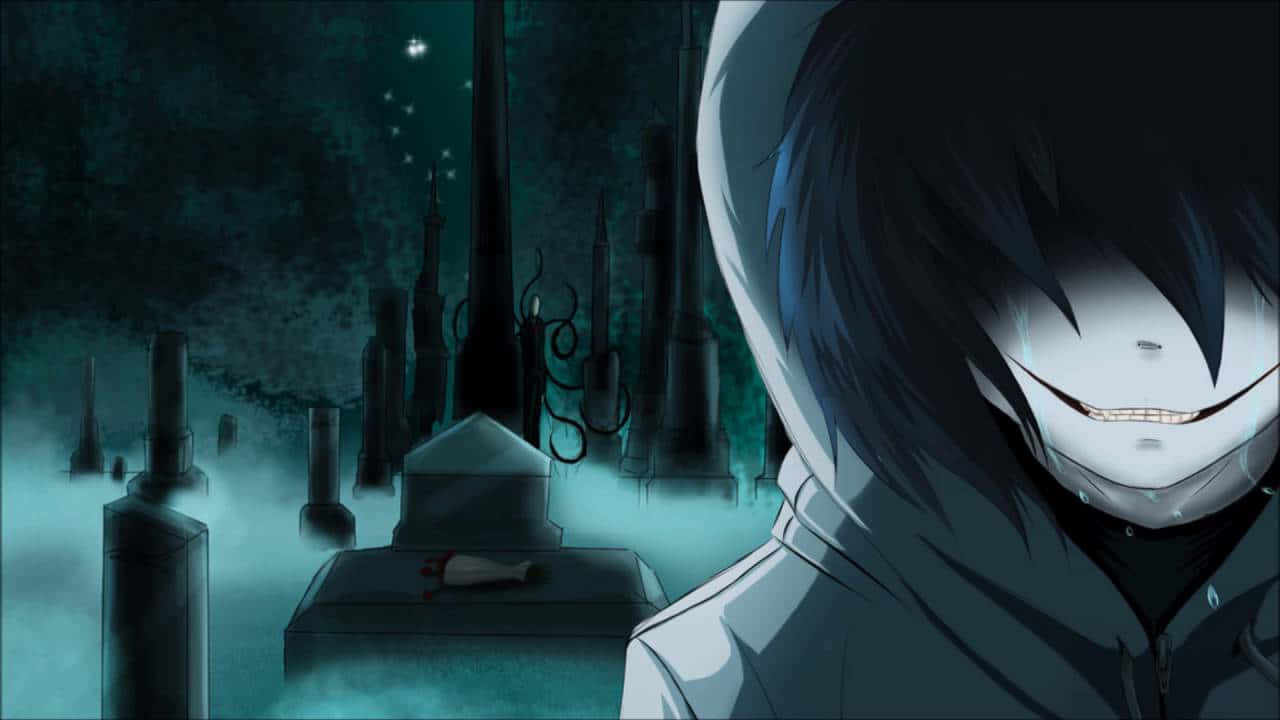 Jeff The Killer 桌布 壁紙 — 一個令人毛骨悚然的動漫角色，咧嘴大笑，站在霧氣瀰漫的墓園中，背景是星光閃爍的夜空。