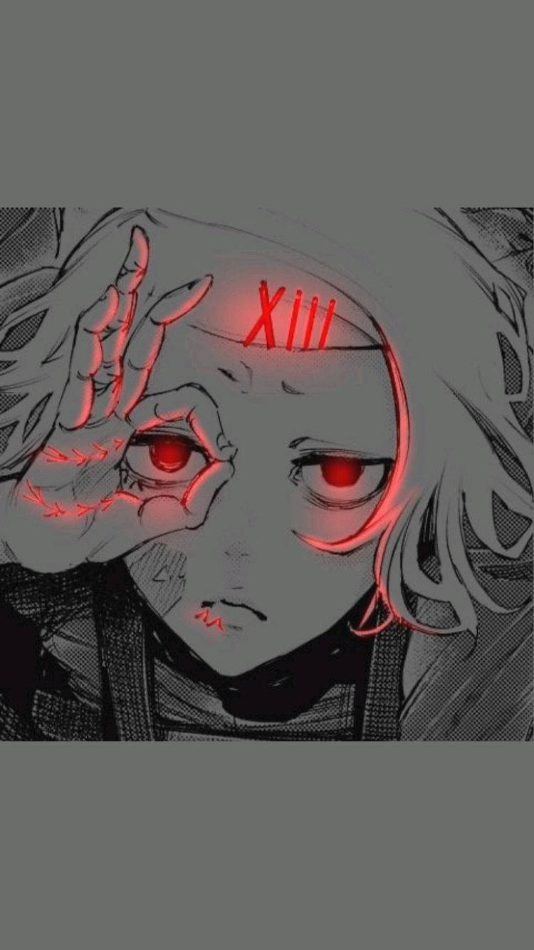 Crazy Anime Boy 桌布 壁紙 — 一個令人毛骨悚然的動漫角色，擁有發光的紅色眼睛和縫合的傷口，額頭上標有「XIII」。