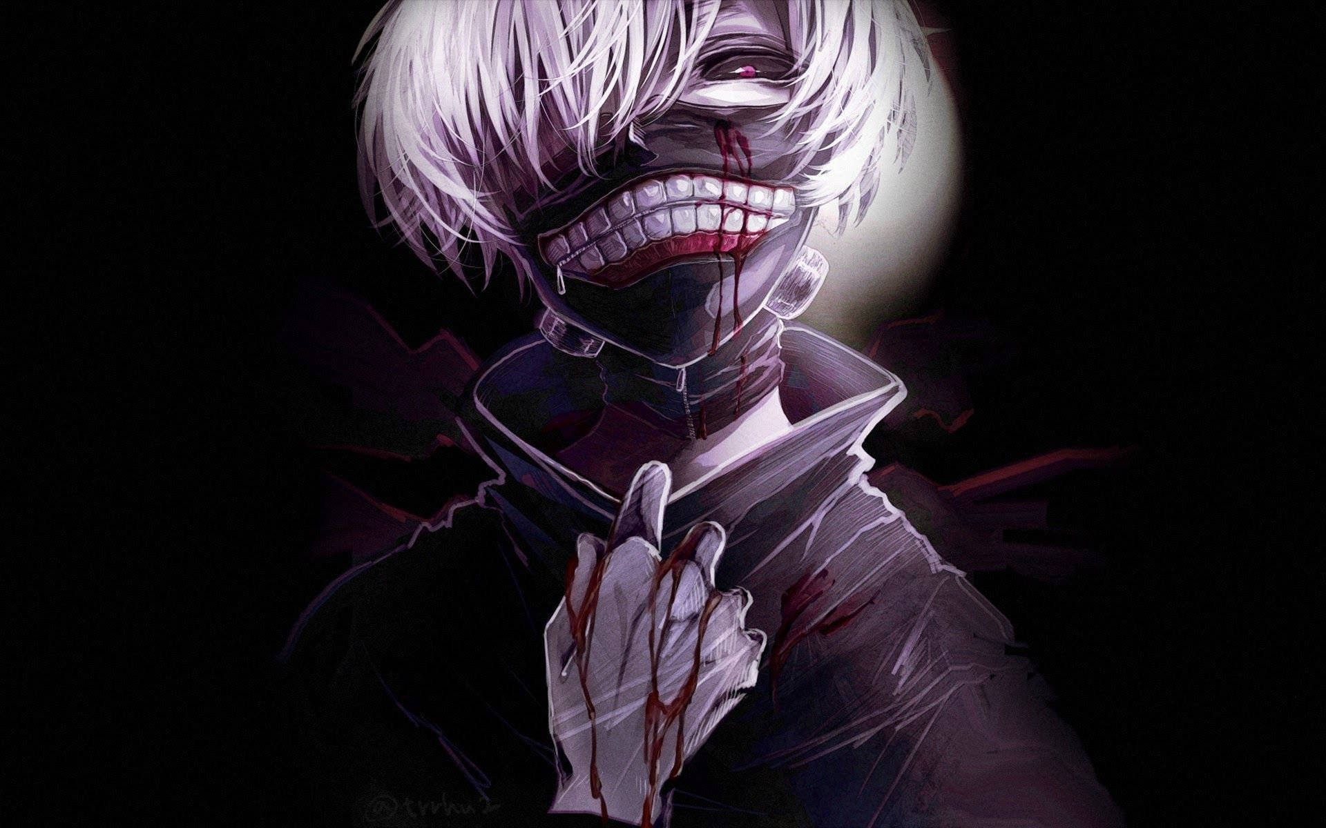 Crazy Anime Boy 桌布 壁紙 — 一個令人毛骨悚然的動漫角色，白髮和血淋淋的笑容，在黑暗背景下威脅地凝視。
