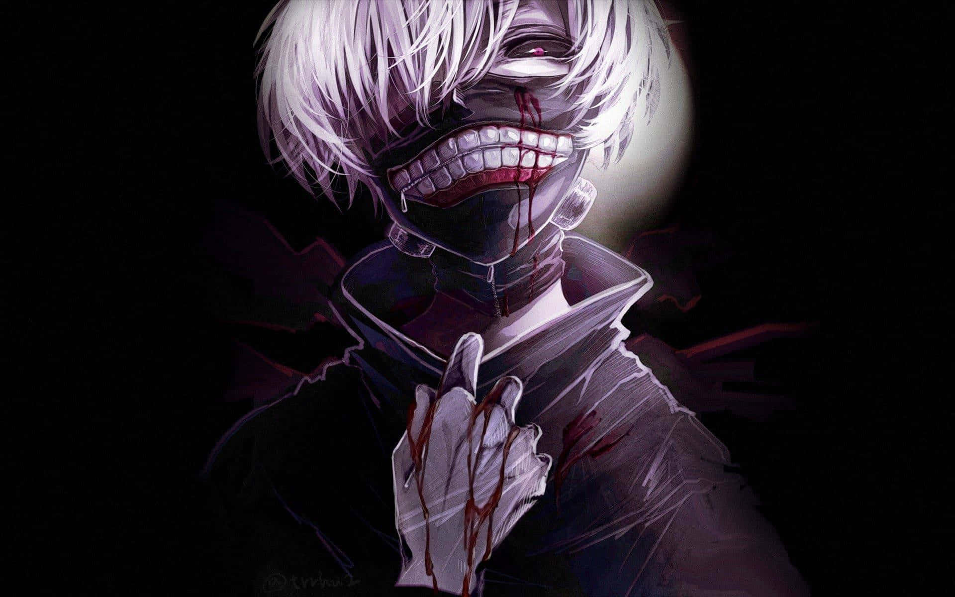 Ken Kaneki 桌布 壁紙 — 一個令人毛骨悚然的動漫角色，白髮，帶著血跡斑斑的笑容，在黑暗背景下舉起一隻沾滿鮮血的手。