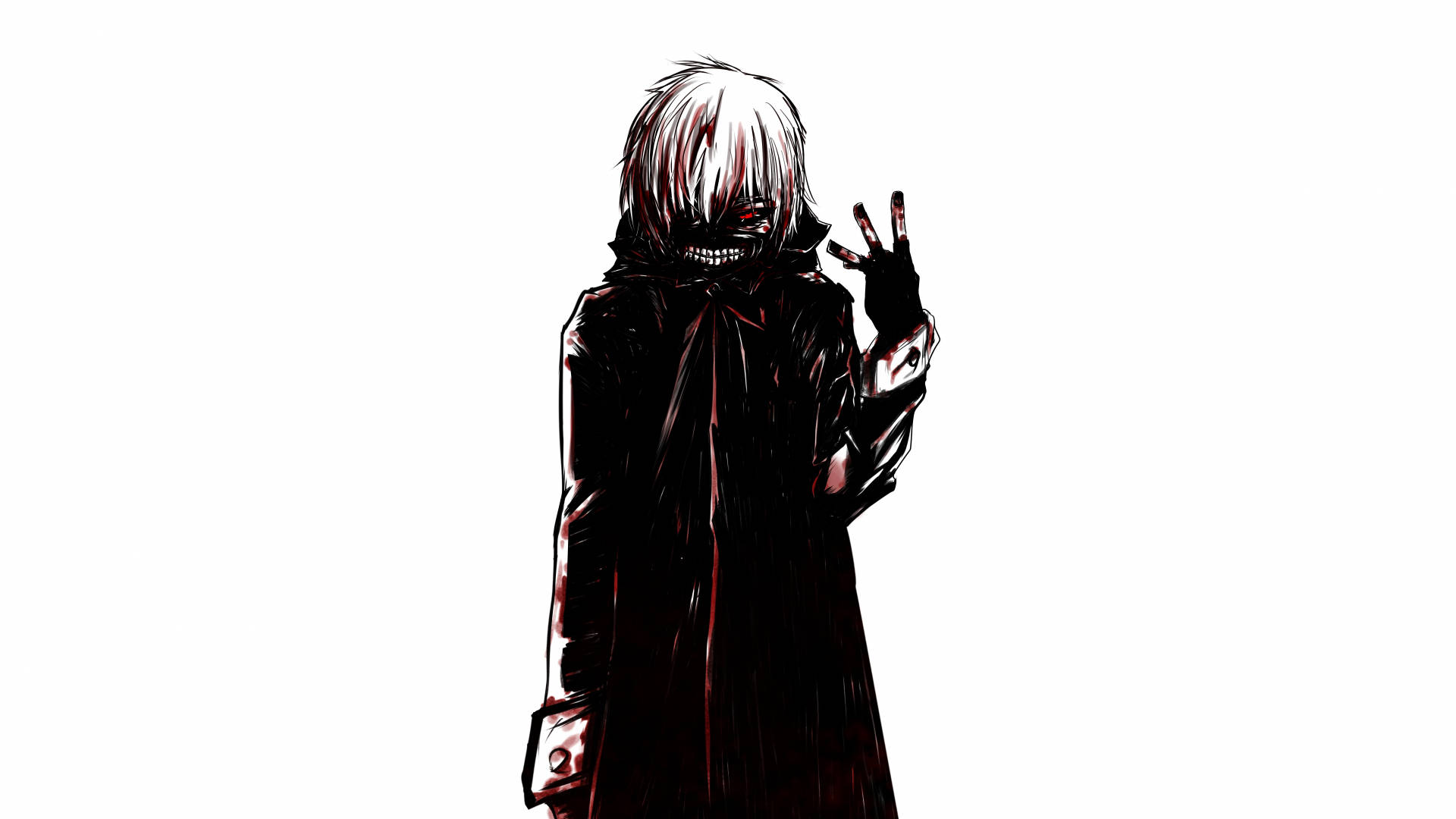 Edgy 桌布 壁紙 — 一個令人毛骨悚然的動漫角色，白髮紅眼，身穿深色外套，在純白背景下威脅性地揮手。