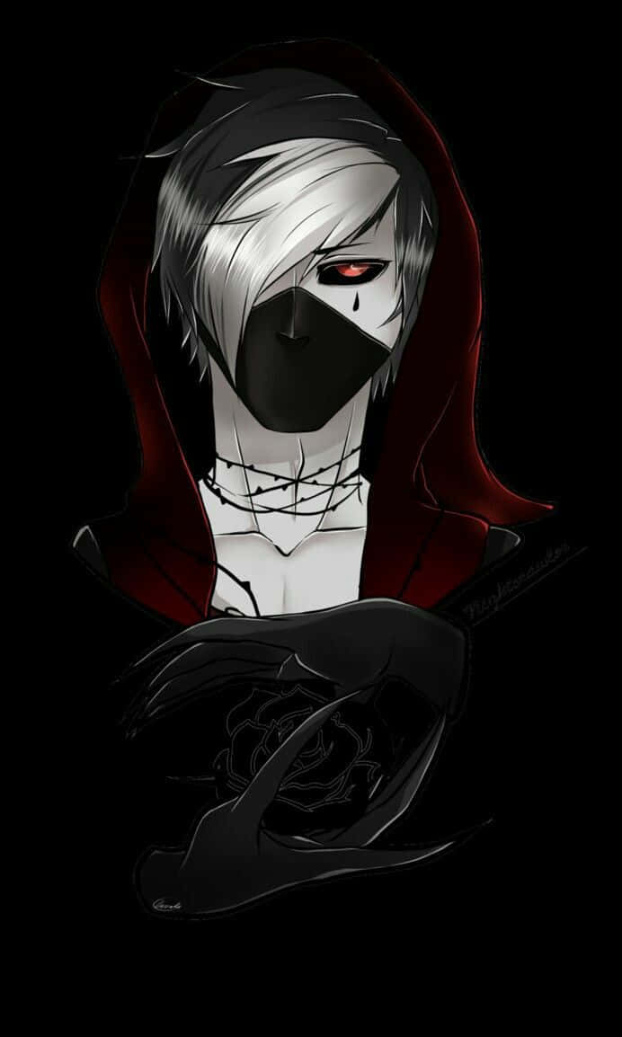 Dark Anime Boy 桌布 壁紙 — 一個令人毛骨悚然的動漫角色，銀色頭髮和紅色眼睛，在黑暗背景下，紅色兜帽下拿著一朵黑玫瑰。