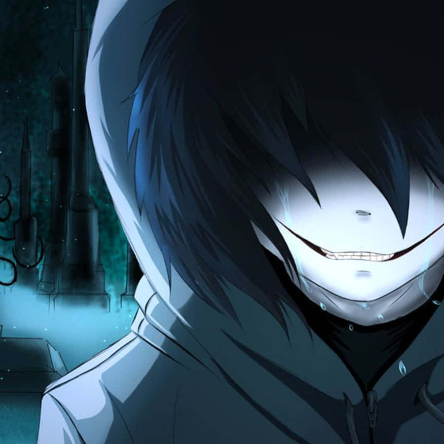Jeff The Killer 桌布 壁紙 — 一個令人毛骨悚然的動漫角色，黑髮，咧嘴大笑，在燈光昏暗、陰森的房間裡滴著眼淚。