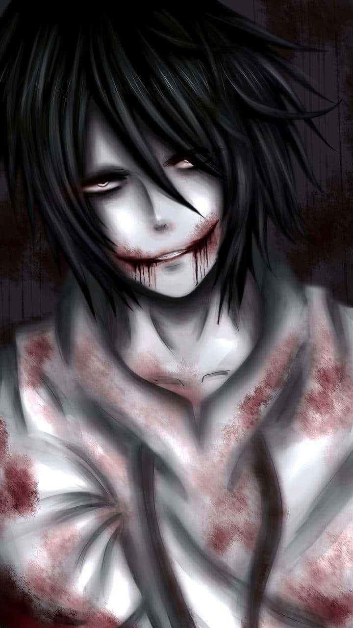 Jeff The Killer 桌布 壁紙 — 一個令人毛骨悚然的動漫角色，黑髮，血淋淋的笑容，在黑暗背景下強烈凝視。