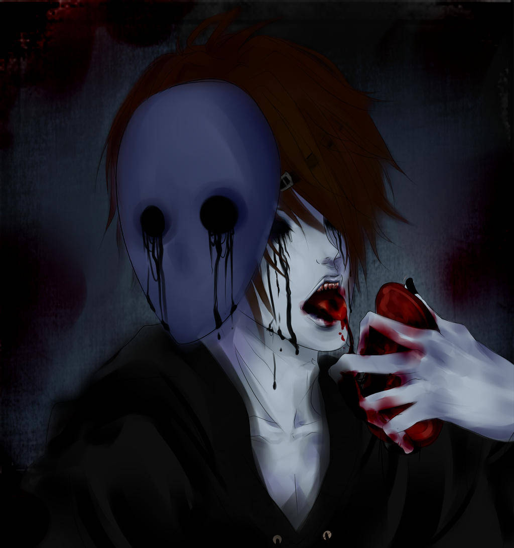 Eyeless Jack 桌布 壁紙 — 一個令人毛骨悚然的動漫風格人物，戴著藍色面具，眼睛滴著血，在黑暗紋理背景前拿著一個血淋淋的蘋果。